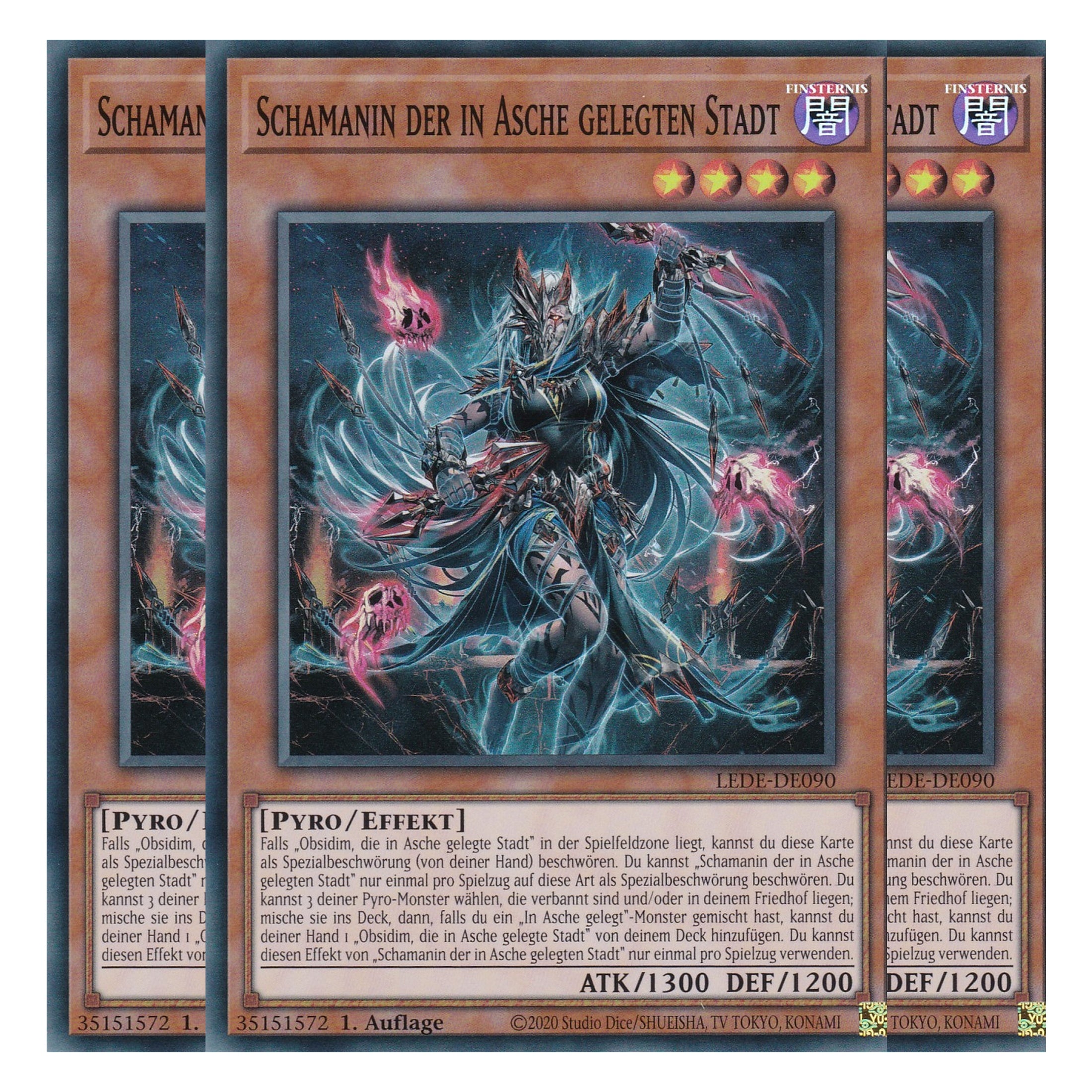 Schamanin der in Asche Gelegten Stadt - LEDE-DE090 - Super Rare - Deutsch - 1. Auflage - Legacy of Destruction - Playset (3 Kopien) - Yu-Gi-Oh!