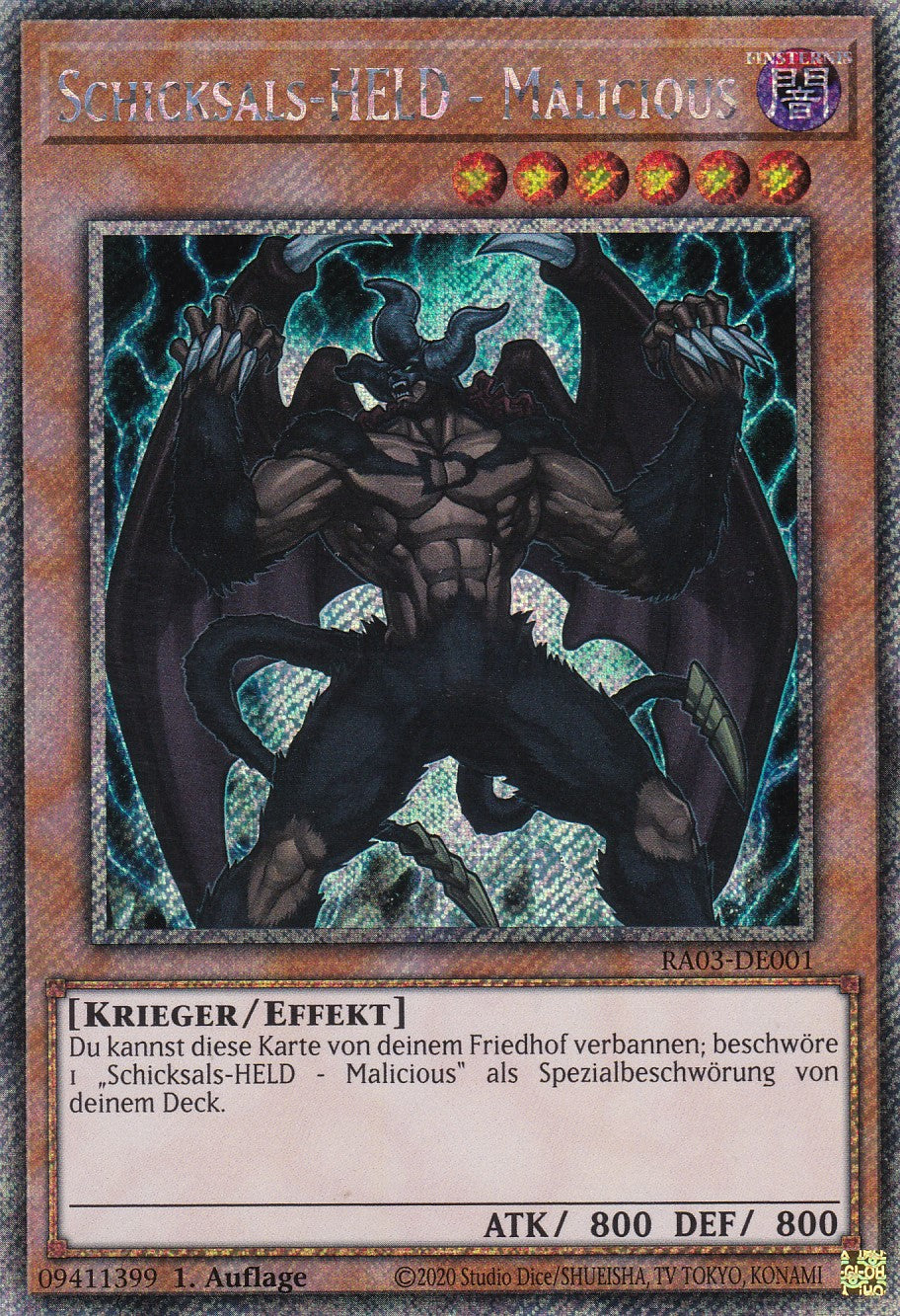 Schicksals-HELD - Malicious - RA03-DE001 - Platinum Secret Rare - Deutsch - 1. Auflage - Quarter Century Bonanza