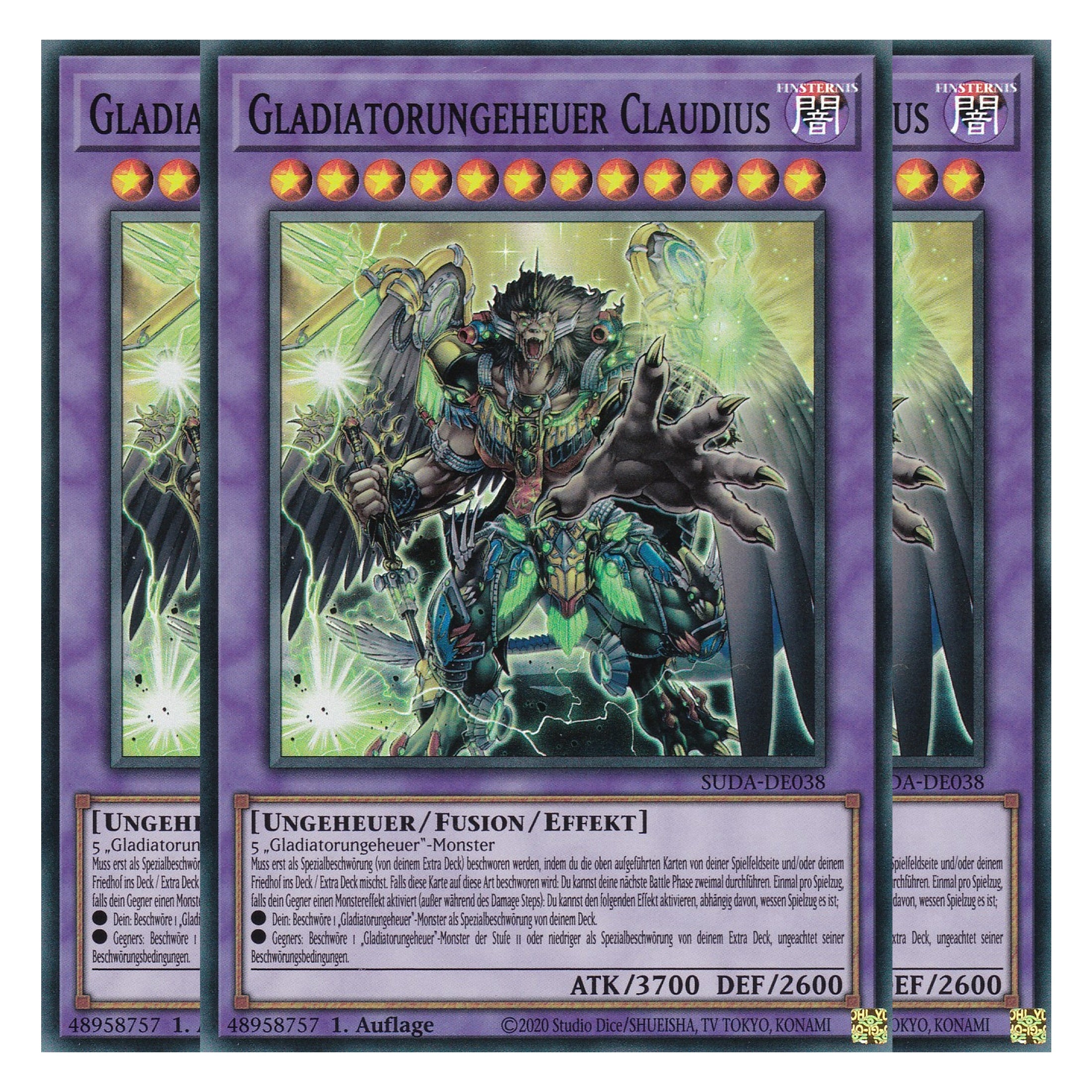 Gladiatorungeheuer Claudius - SUDA-DE038 - Super Rare - Deutsch - 1. Auflage - Supreme Darkness - Playset (3 Kopien) - Yu-Gi-Oh!