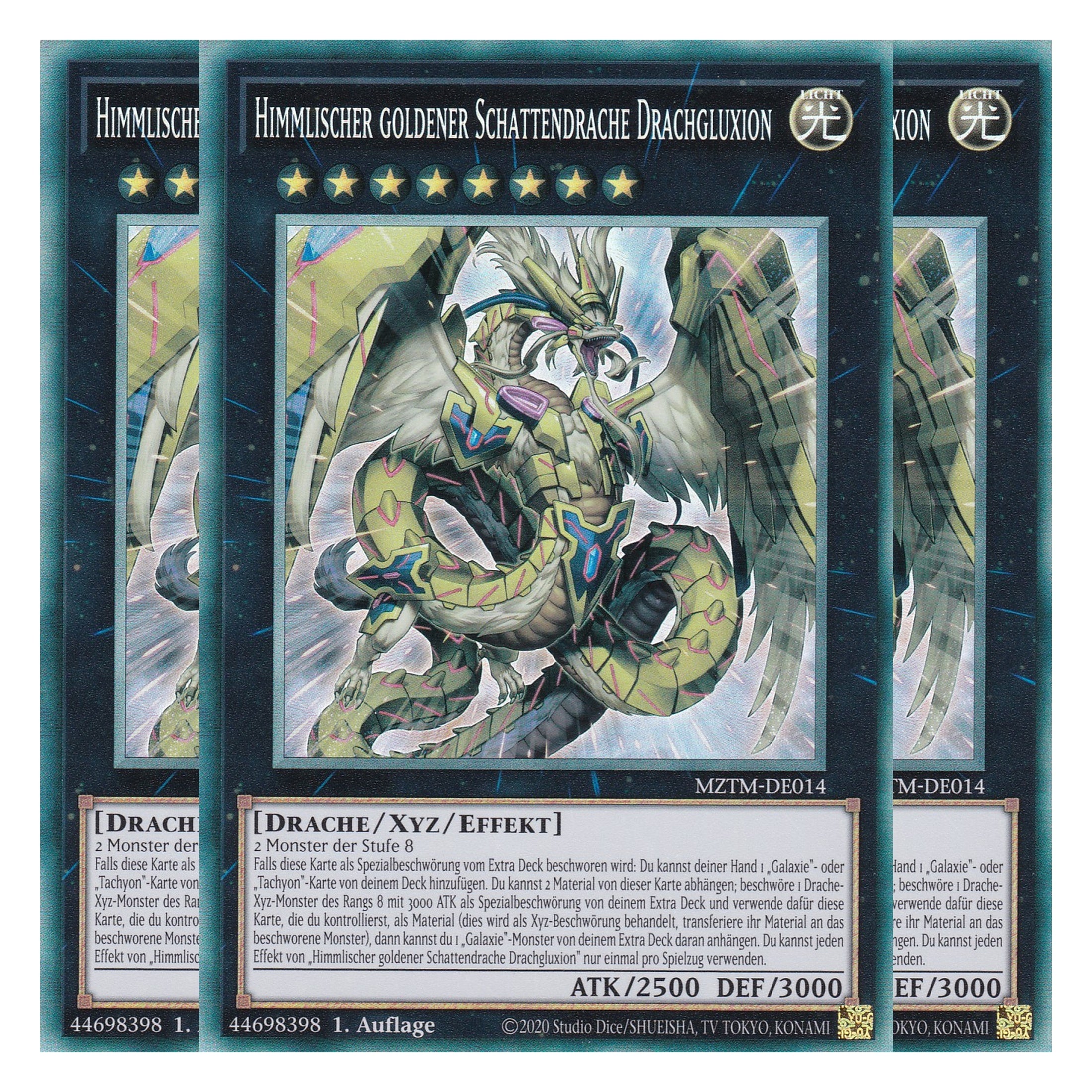Himmlischer goldener Schattendrache Drachgluxion - MZTM-DE014 - Collector’s Rare - Deutsch - 1. Auflage - Maze of the Master - Playset (3 Kopien) - Yu-Gi-Oh!