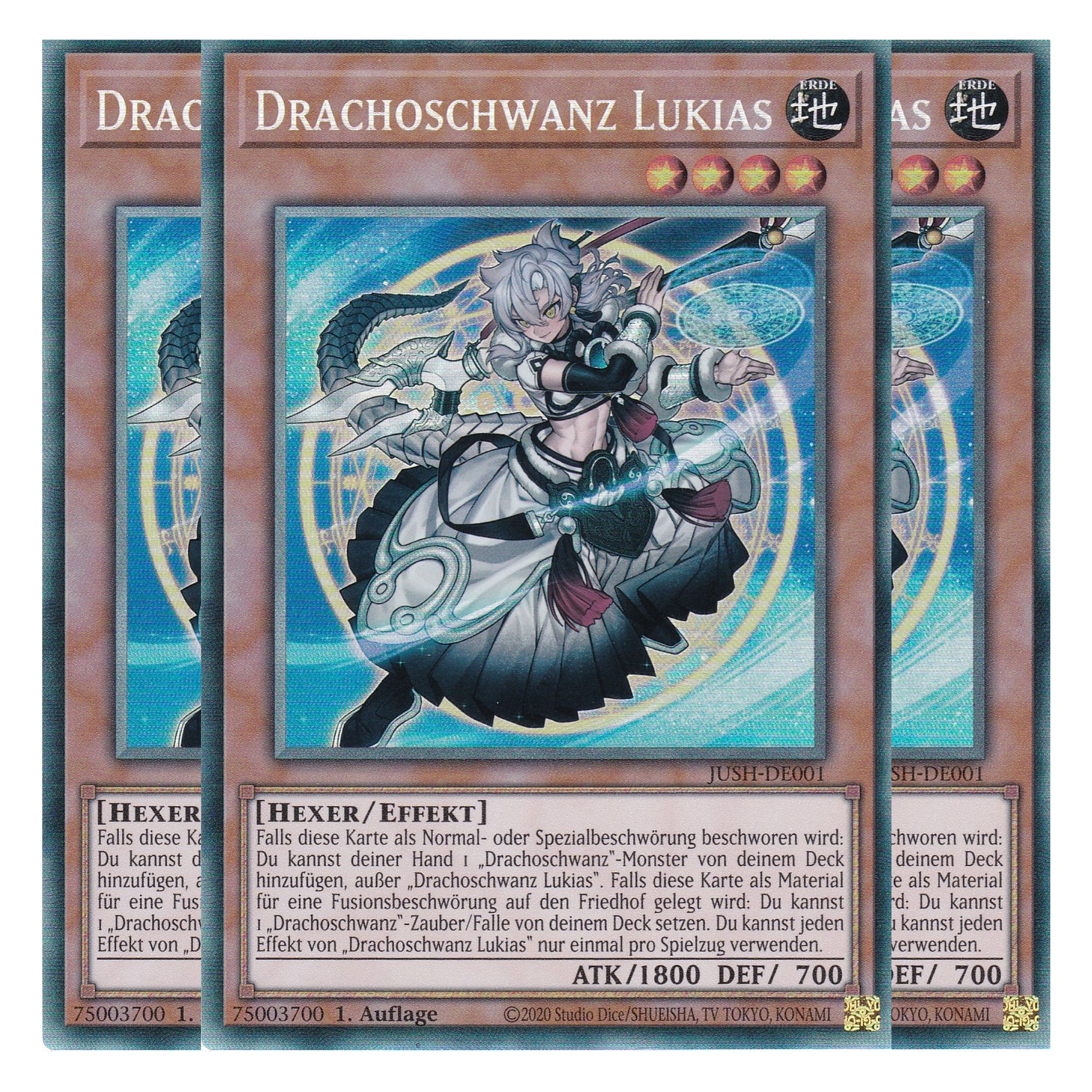 Drachoschwanz Lukias - JUSH-DE001 - Collector’s Rare - Deutsch - 1. Auflage - Justice Hunters - Playset (3 Kopien) - Yu-Gi-Oh!