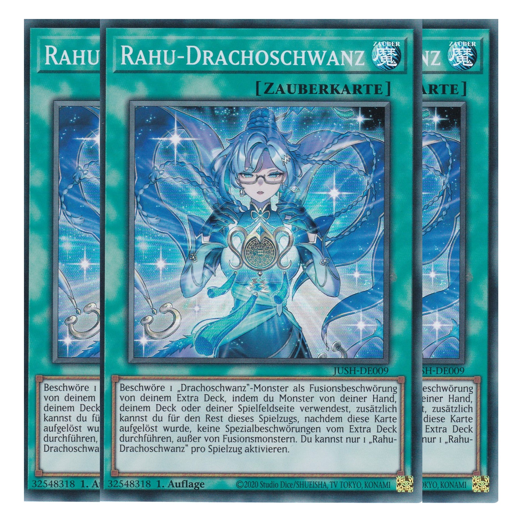 Rahu Drachoschwanz - JUSH-DE009 - Super Rare - Deutsch - 1. Auflage - Justice Hunters - Playset (3 Kopien) - Yu-Gi-Oh!
