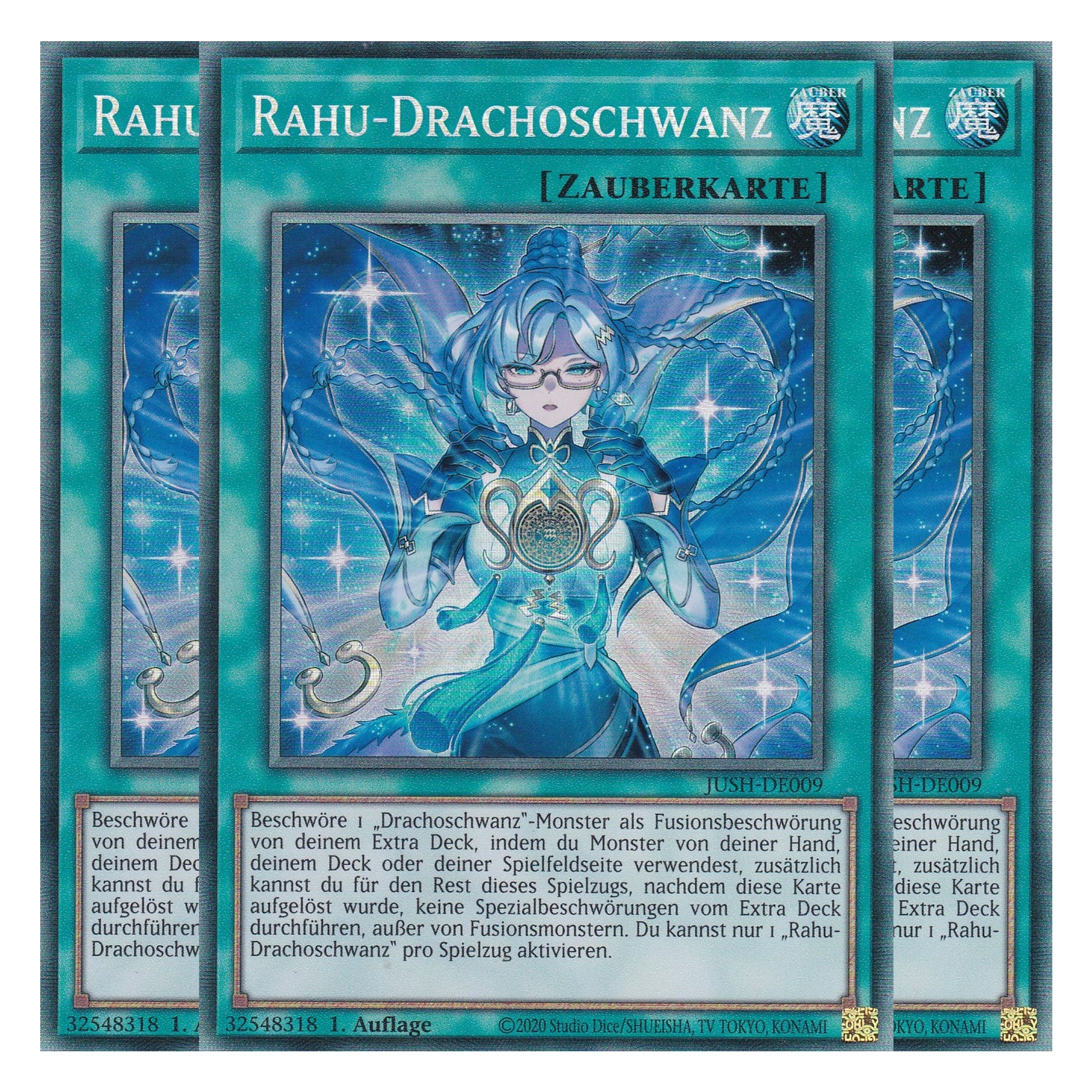 Rahu Drachoschwanz - JUSH-DE009 - Collector’s Rare - Deutsch - 1. Auflage - Justice Hunters - Playset (3 Kopien) - Yu-Gi-Oh!