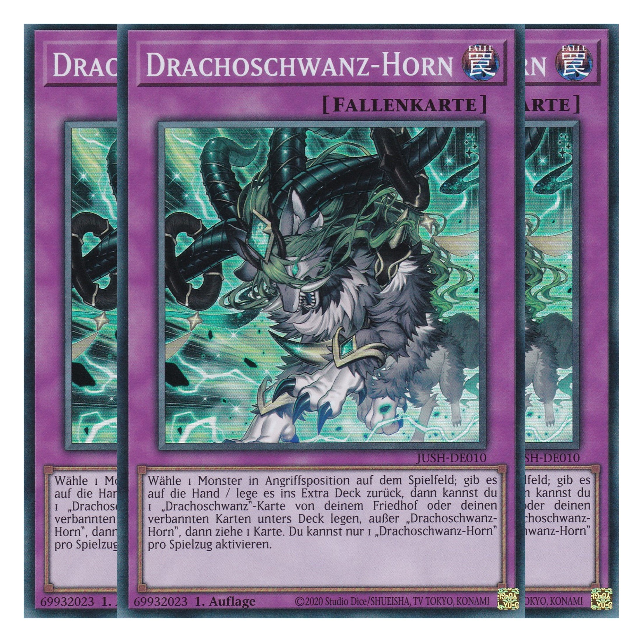 Drachoschwanz Horn - JUSH-DE010 - Super Rare - Deutsch - 1. Auflage - Justice Hunters - Playset (3 Kopien) - Yu-Gi-Oh!