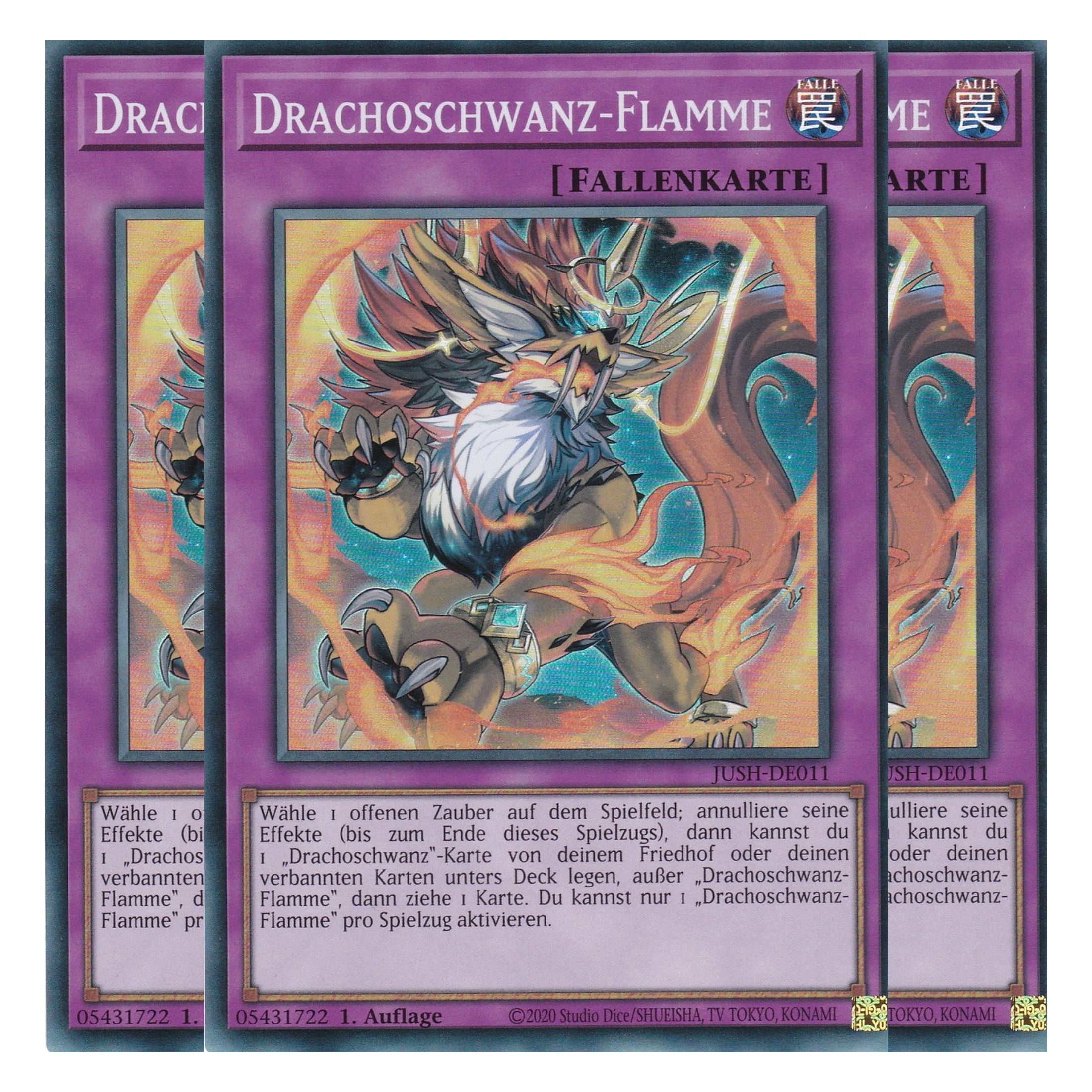 Drachoschwanz Flamme - JUSH-DE011 - Super Rare - Deutsch - 1. Auflage - Justice Hunters - Playset (3 Kopien) - Yu-Gi-Oh!