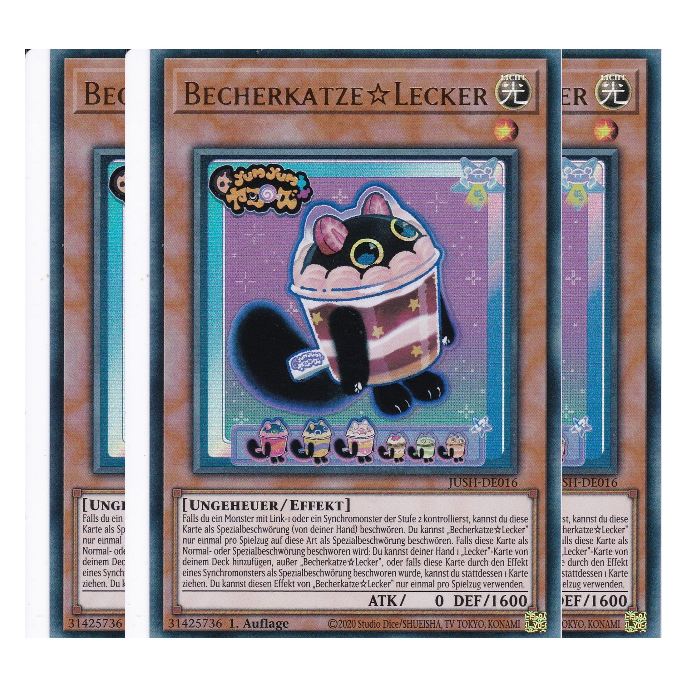 Becherkatze☆Lecker - JUSH-DE016 - Ultra Rare - Deutsch - 1. Auflage - Justice Hunters - Playset (3 Kopien) - Yu-Gi-Oh!