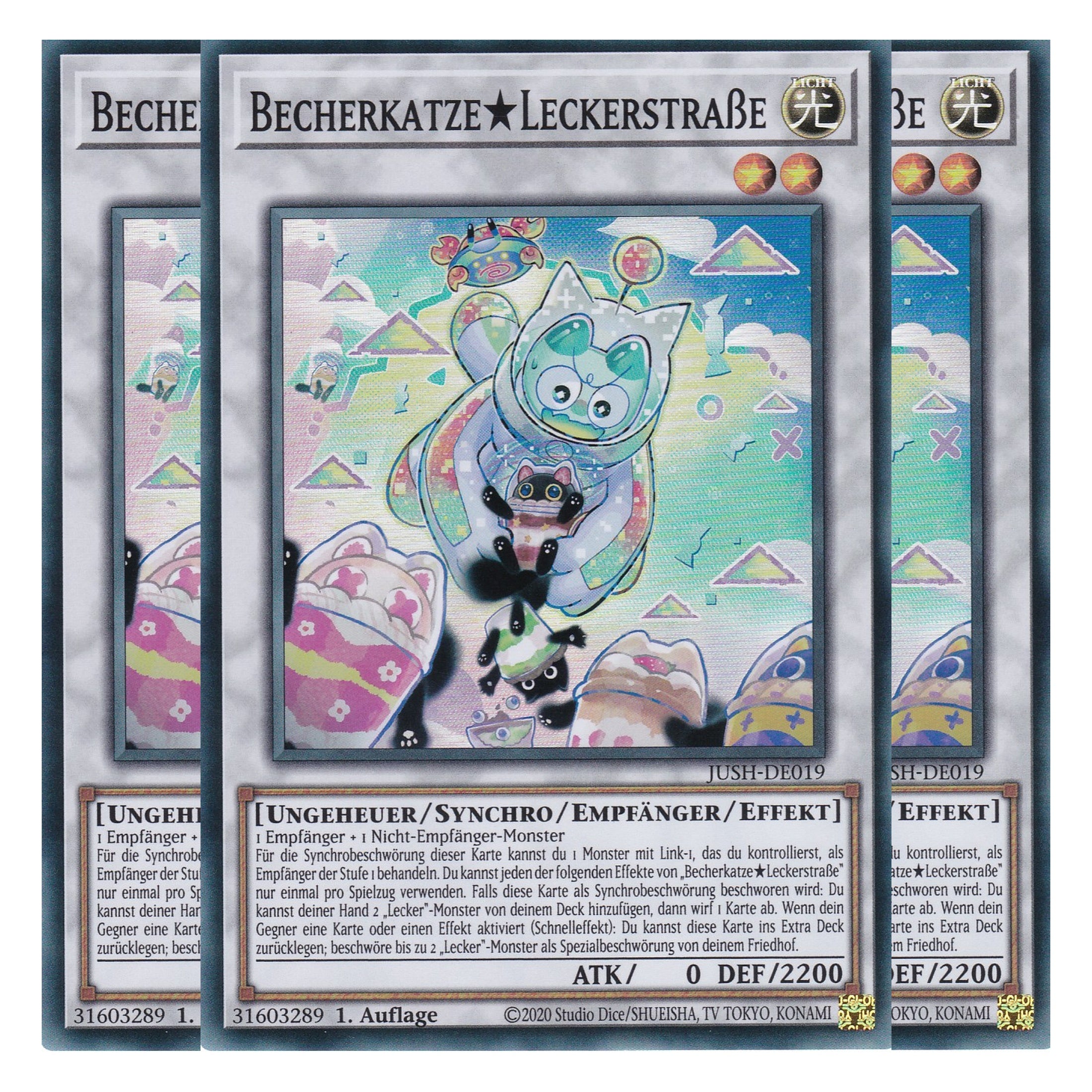 Becherkatze Leckerstraße - JUSH-DE019 - Super Rare - Deutsch - 1. Auflage - Justice Hunters - Playset (3 Kopien) - Yu-Gi-Oh!