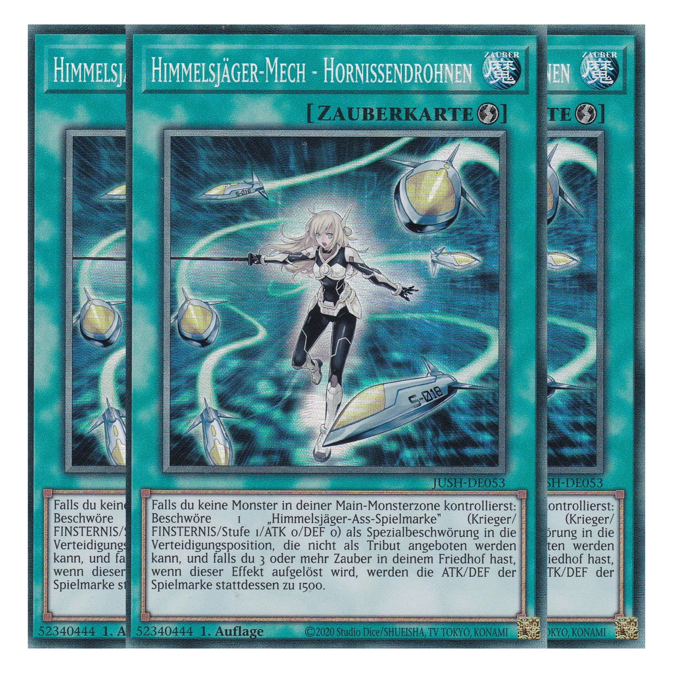 Himmelsjäger-Mech - Hornissendrohnen - JUSH-DE053 - Collector’s Rare - Deutsch - 1. Auflage - Justice Hunters - Playset (3 Kopien) - Yu-Gi-Oh!