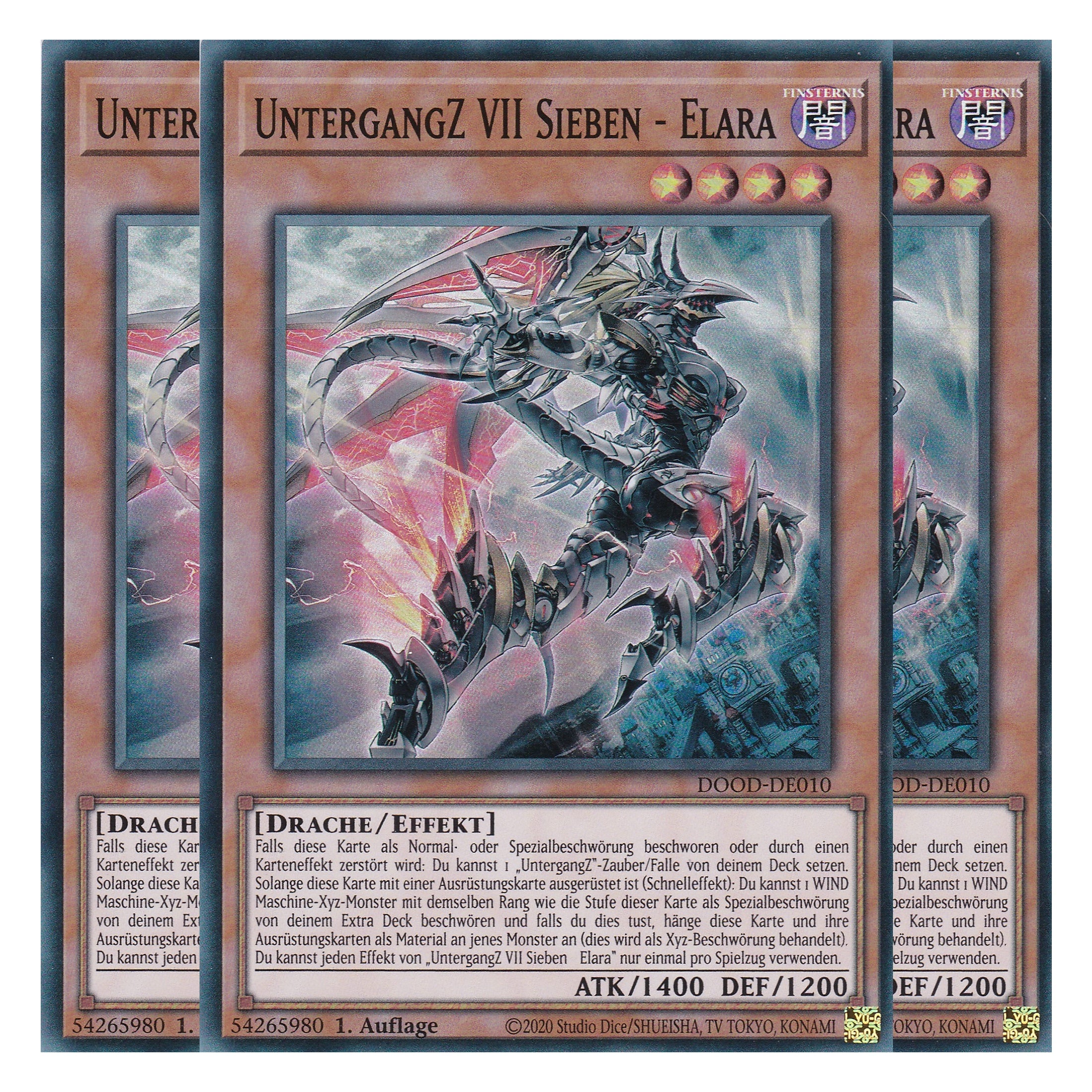 UntergangZ VII Sieben - Elara - DOOD-DE010 - Super Rare - Deutsch - 1. Auflage - Doom of Dimensions - Playset (3 Kopien) - Yu-Gi-Oh!