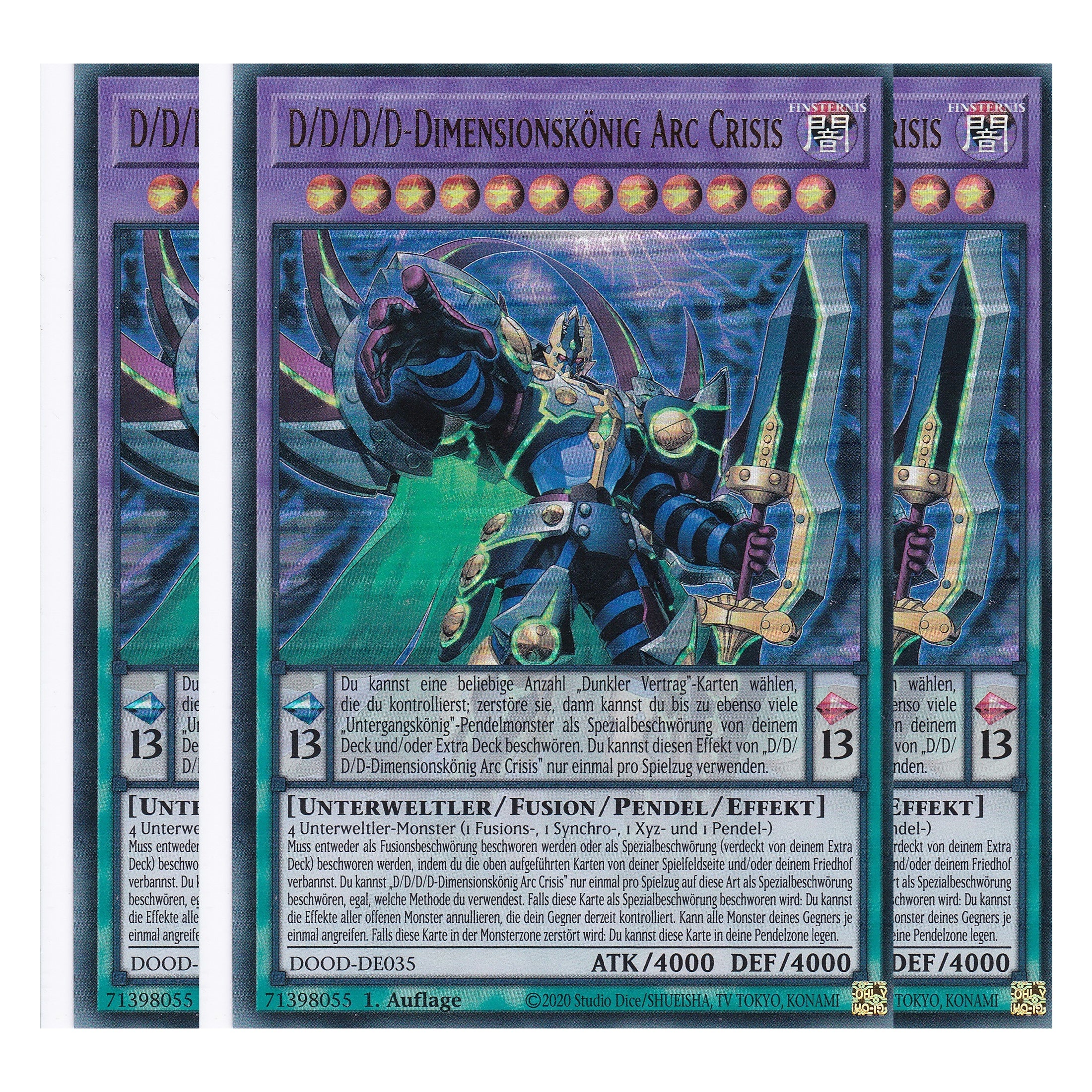 D/D/D/D-Dimensionskönig Arc Crisis - DOOD-DE035 - Ultra Rare - Deutsch - 1. Auflage - Doom of Dimensions - Playset (3 Kopien) - Yu-Gi-Oh!