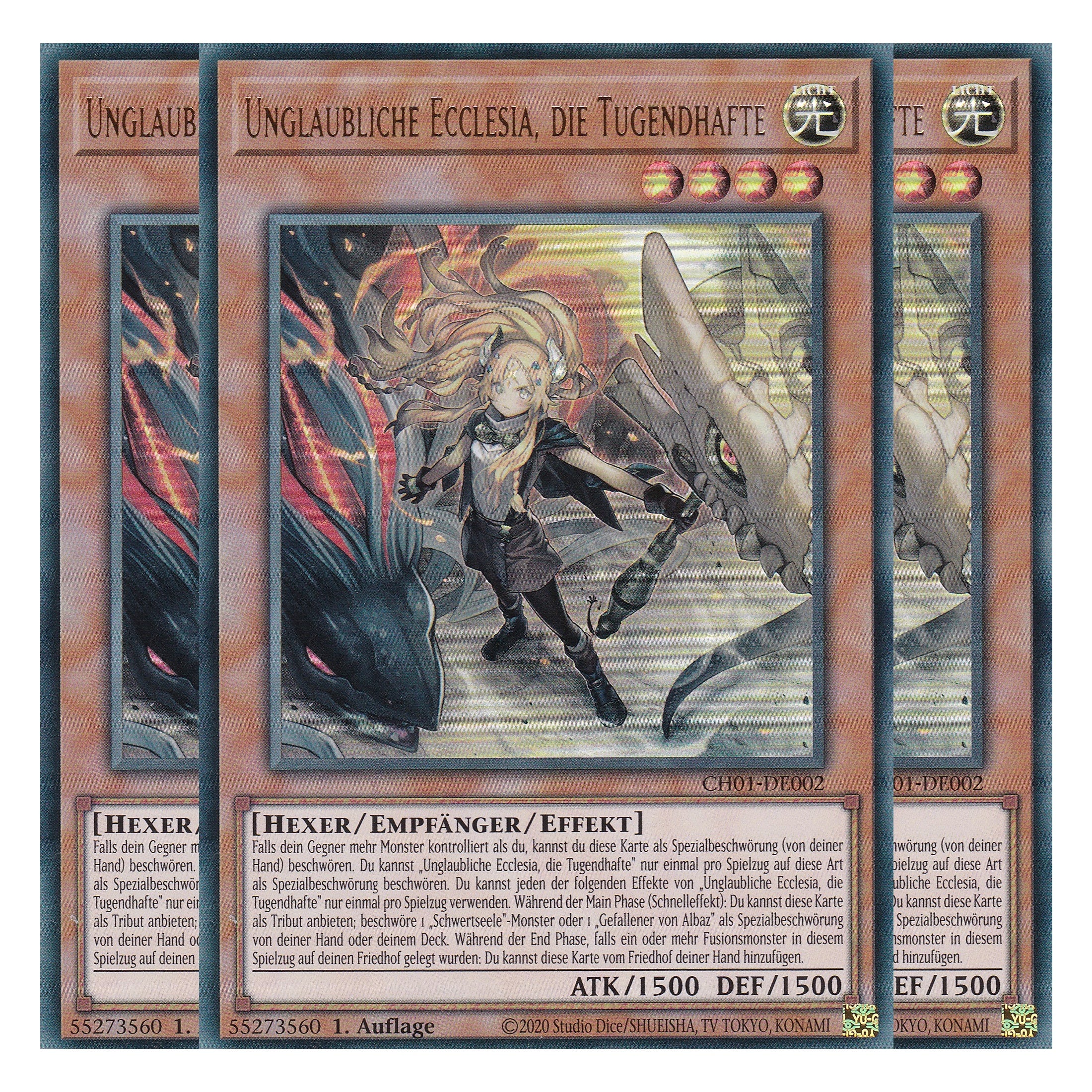 Unglaubliche Ecclesia, die Tugendhafte - CH01-DE002 - Ultra Rare - Deutsch - 1. Auflage - The Chronicles Deck: The Fallen & The Virtuous - Playset (3 Kopien) - Yu-Gi-Oh!