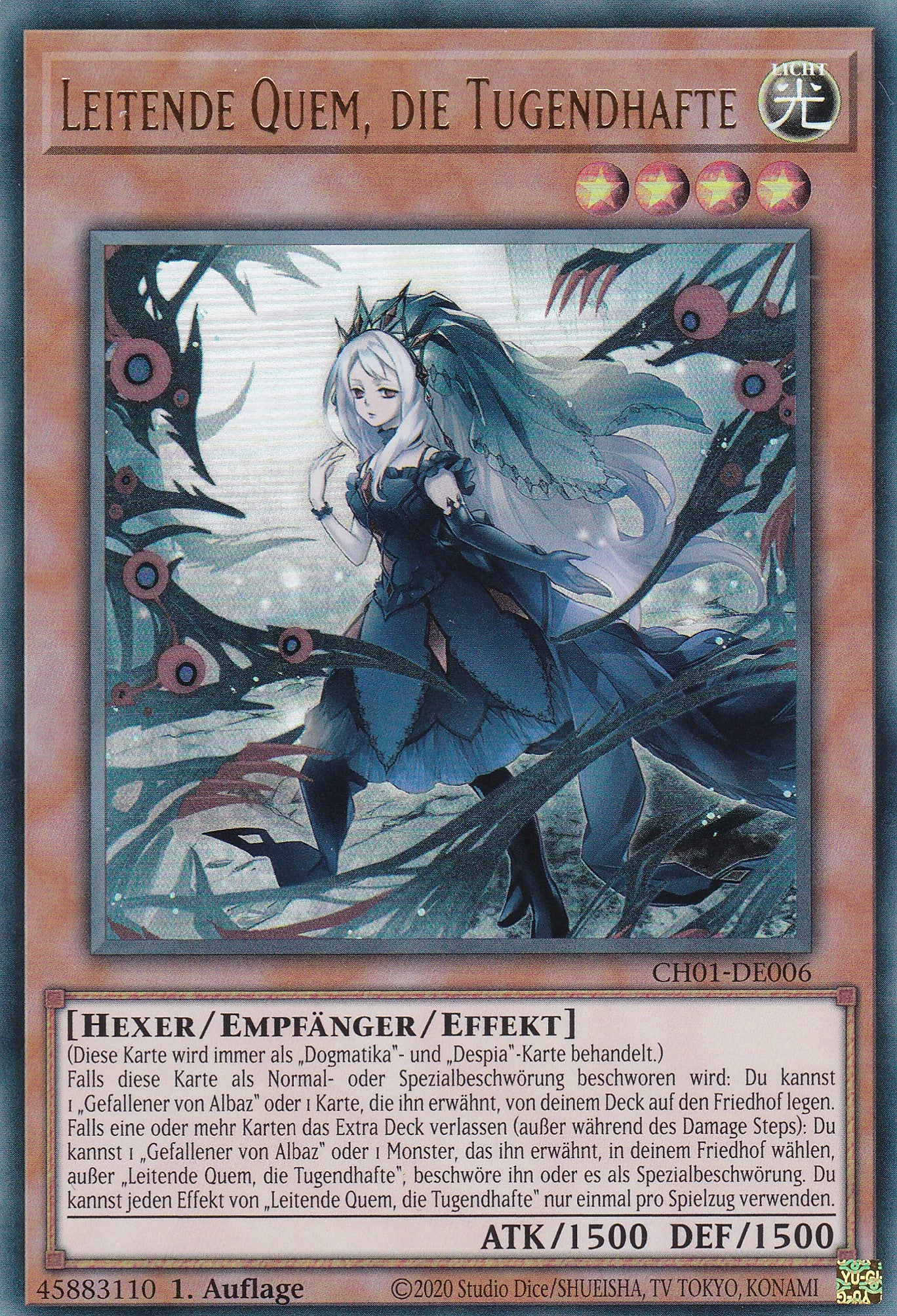 Leitende Quem, die Tugendhafte – CH01-DE006 – Ultra Rare – Deutsch – 1. Auflage – The Chronicles Deck: The Fallen & The Virtuous