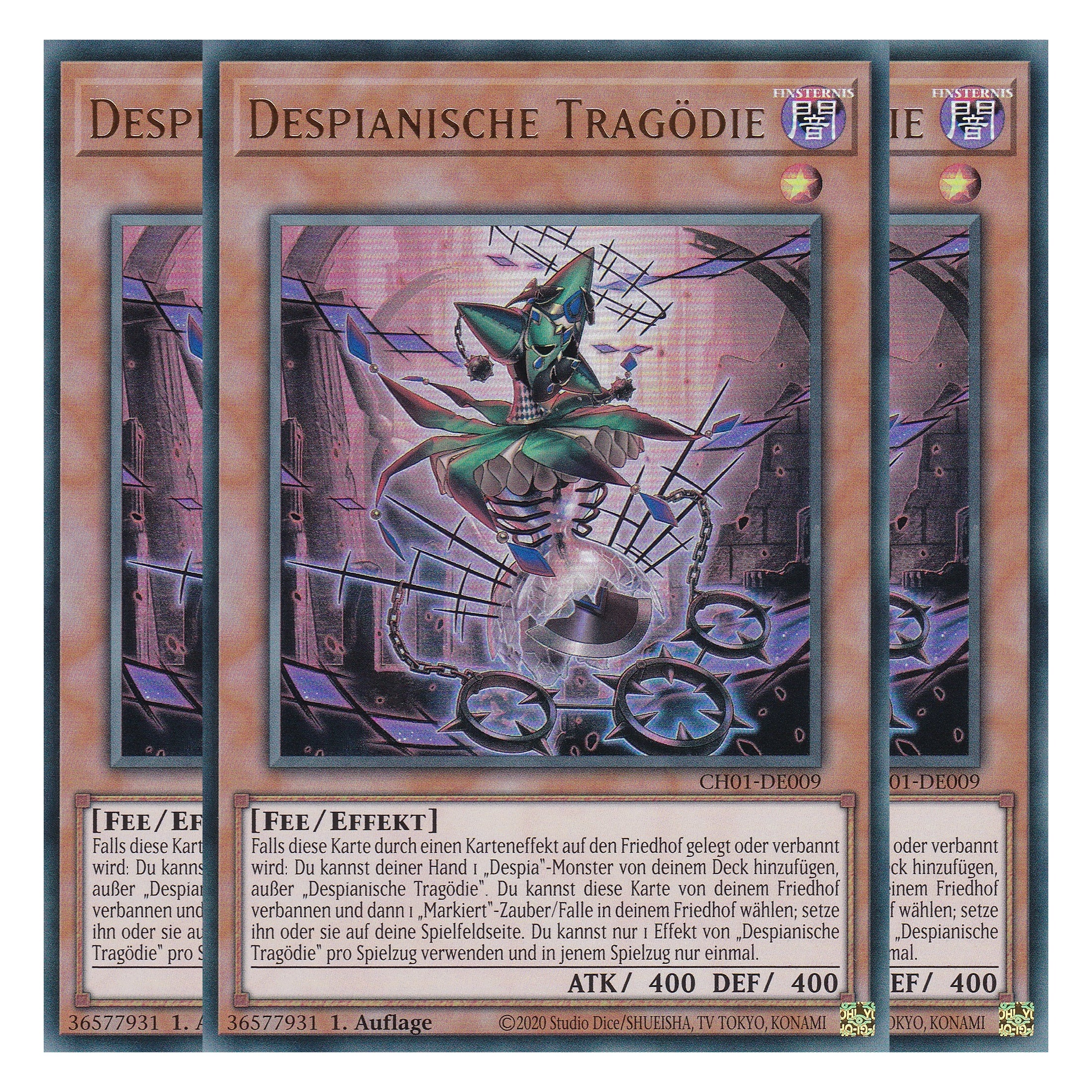 Despianische Tragödie - CH01-DE009 - Ultra Rare - Deutsch - 1. Auflage - The Chronicles Deck: The Fallen & The Virtuous - Playset (3 Kopien) - Yu-Gi-Oh!