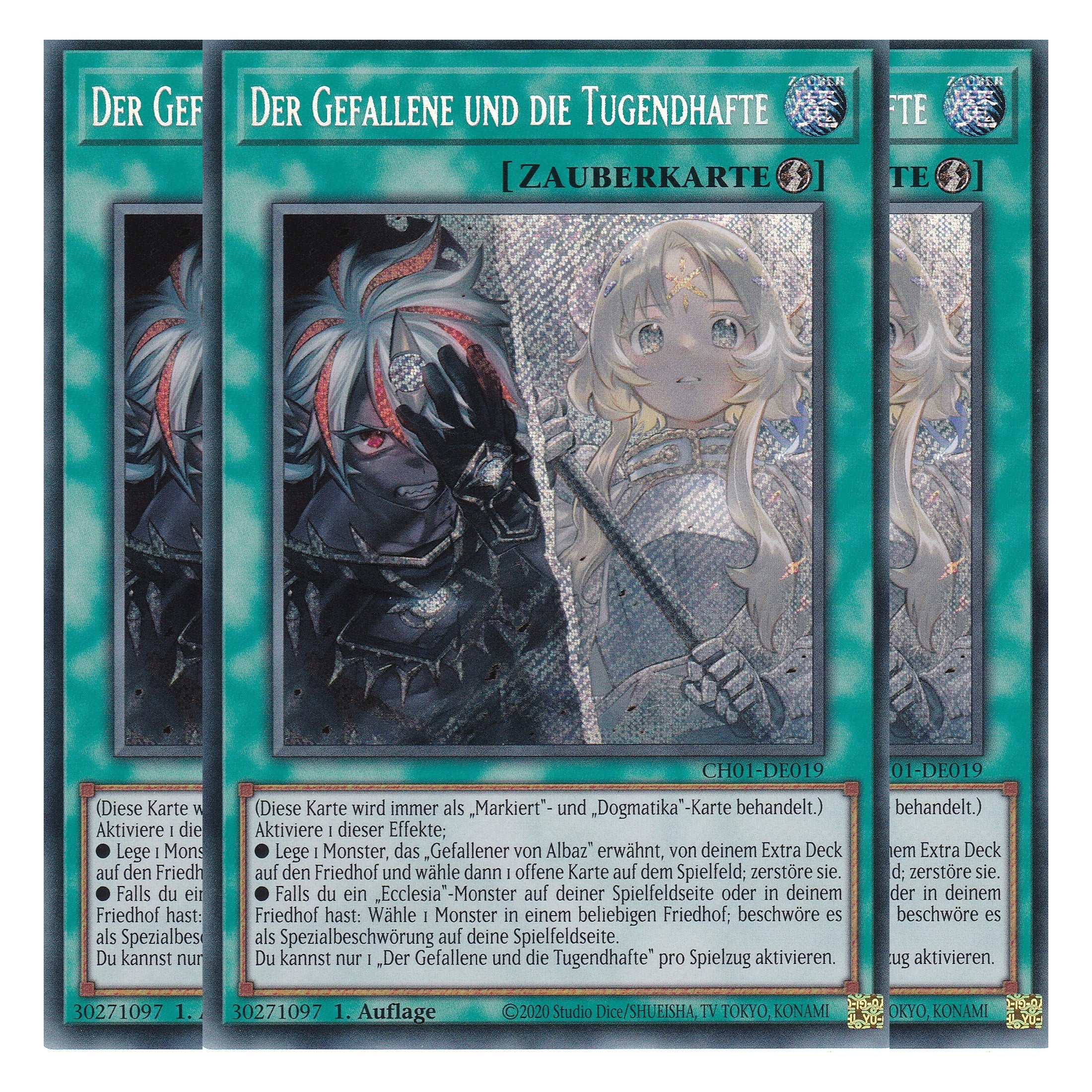 Der Gefallene und die Tugendhafte - CH01-DE019 - Secret Rare - Deutsch - 1. Auflage - The Chronicles Deck: The Fallen & The Virtuous - Playset (3 Kopien) - Yu-Gi-Oh!