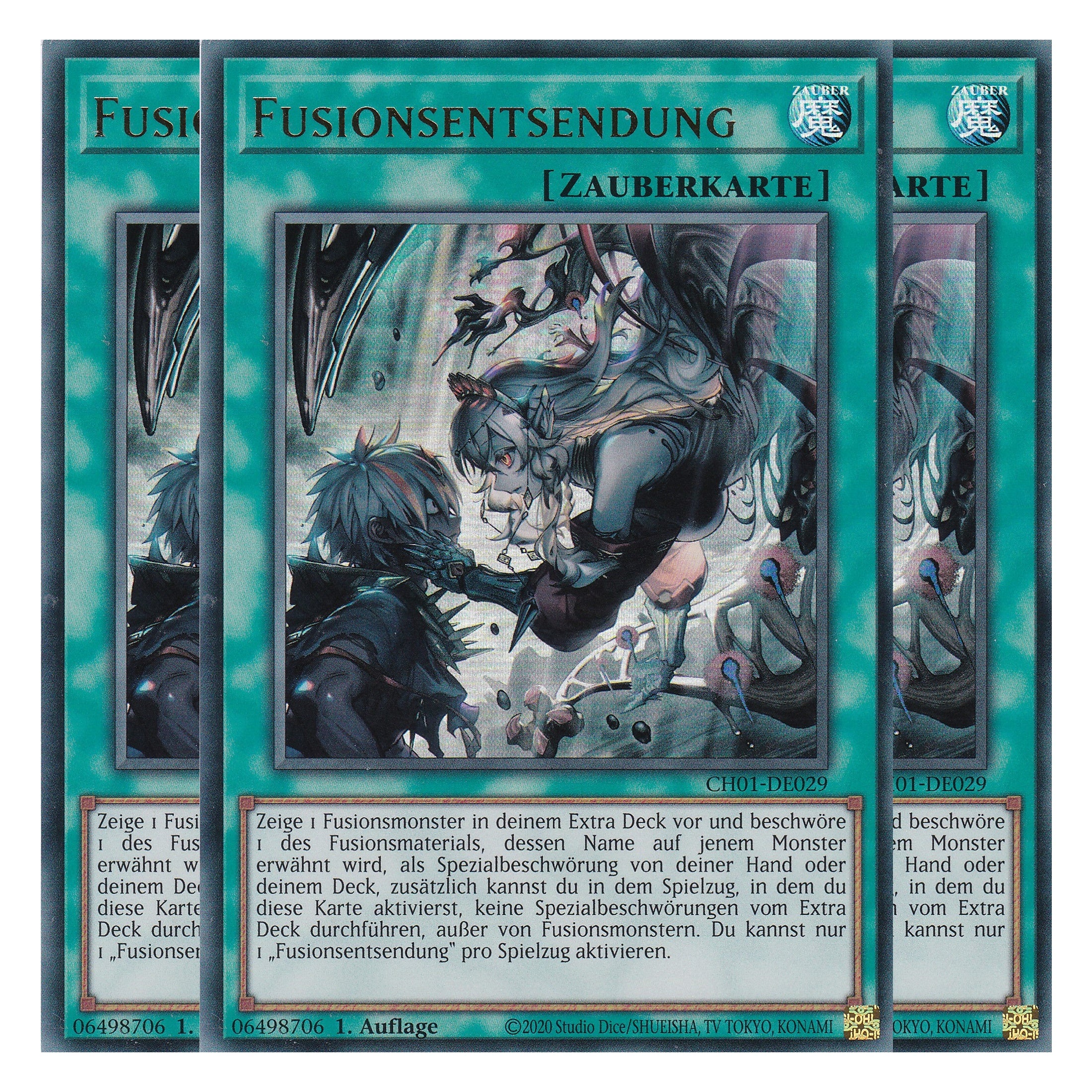 Fusionsentsendung - CH01-DE029 - Ultra Rare - Deutsch - 1. Auflage - The Chronicles Deck: The Fallen & The Virtuous - Playset (3 Kopien) - Yu-Gi-Oh!