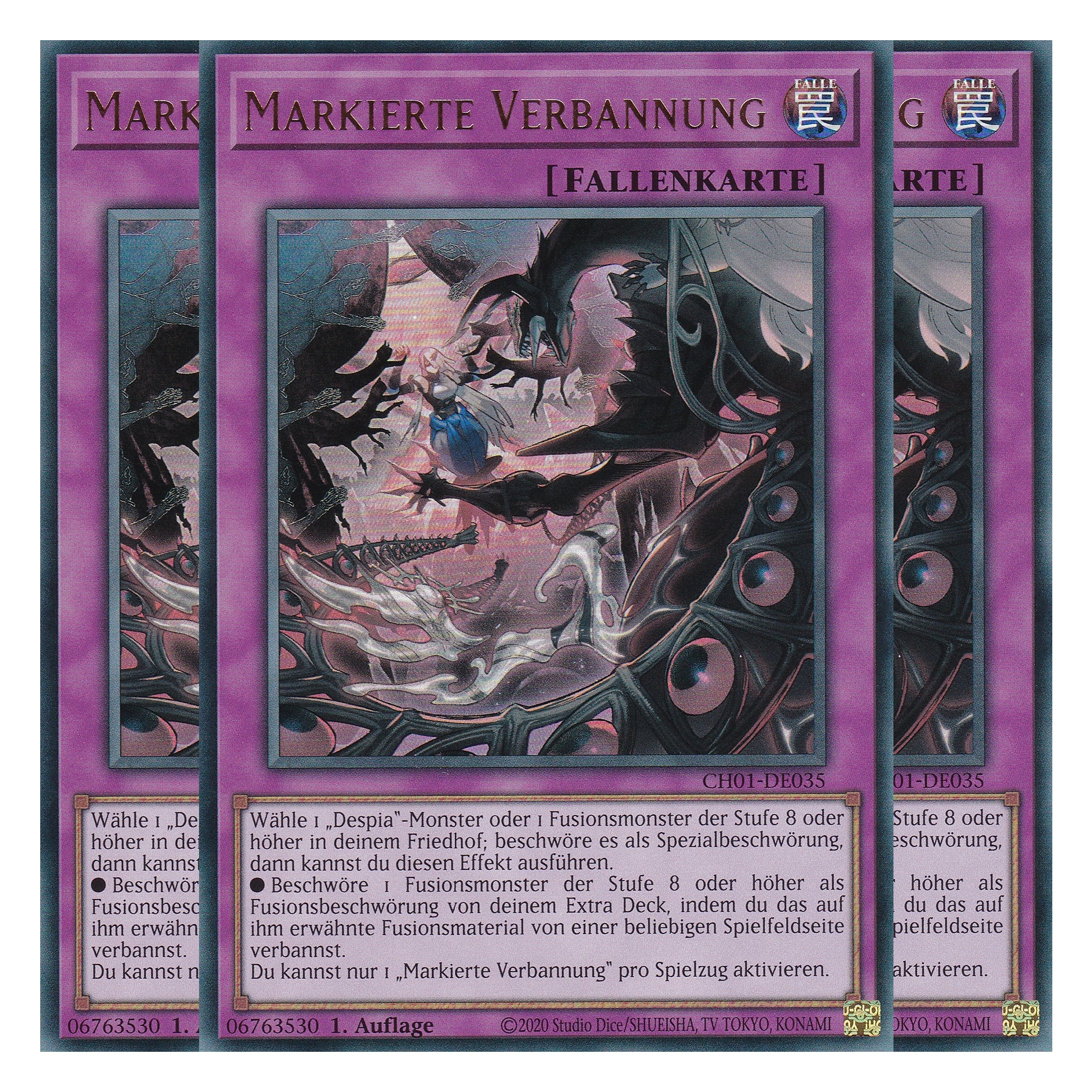 Markierte Verbannung - CH01-DE035 - Ultra Rare - Deutsch - 1. Auflage - The Chronicles Deck: The Fallen & The Virtuous - Playset (3 Kopien) - Yu-Gi-Oh!