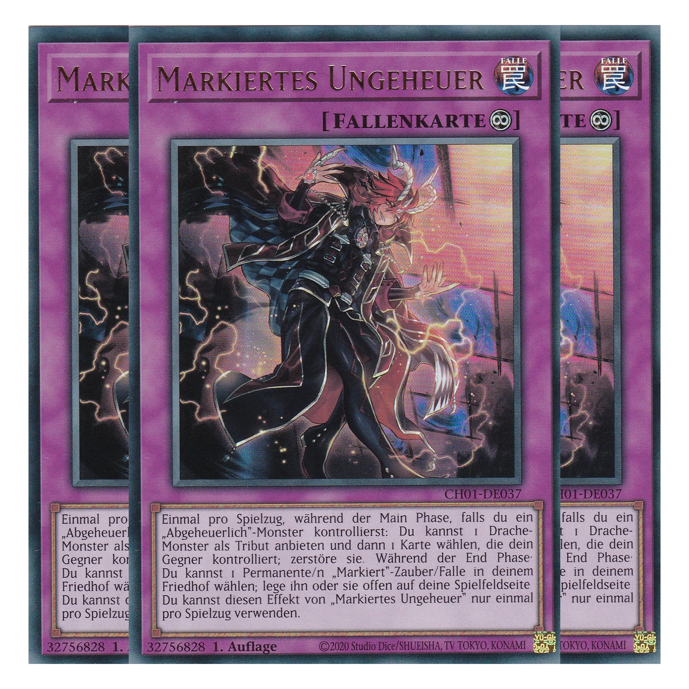 Markiertes Ungeheuer - CH01-DE037 - Ultra Rare - Deutsch - 1. Auflage - The Chronicles Deck: The Fallen & The Virtuous - Playset (3 Kopien) - Yu-Gi-Oh!