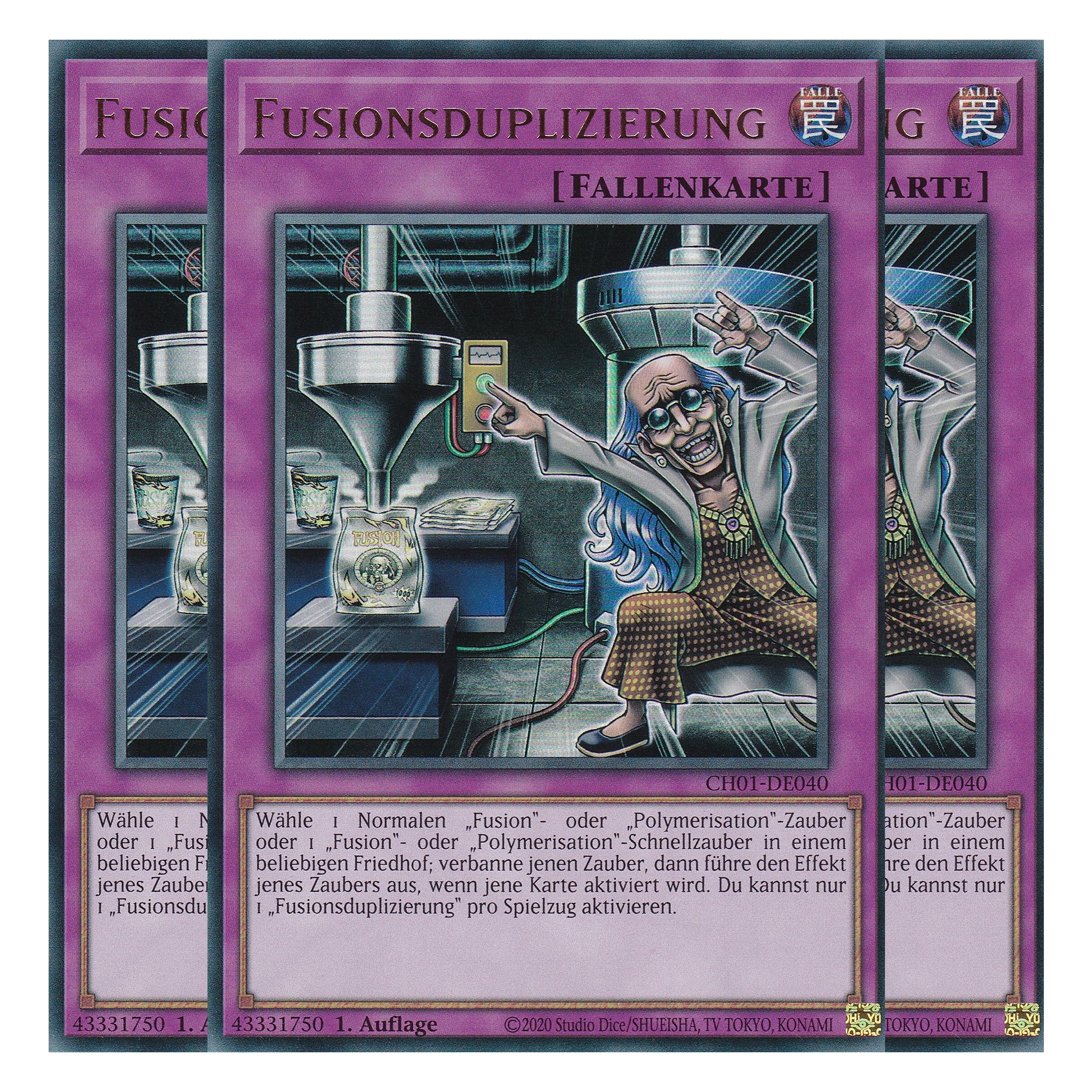 Fusionsduplizierung - CH01-DE040 - Ultra Rare - Deutsch - 1. Auflage - The Chronicles Deck: The Fallen & The Virtuous - Playset (3 Kopien) - Yu-Gi-Oh!
