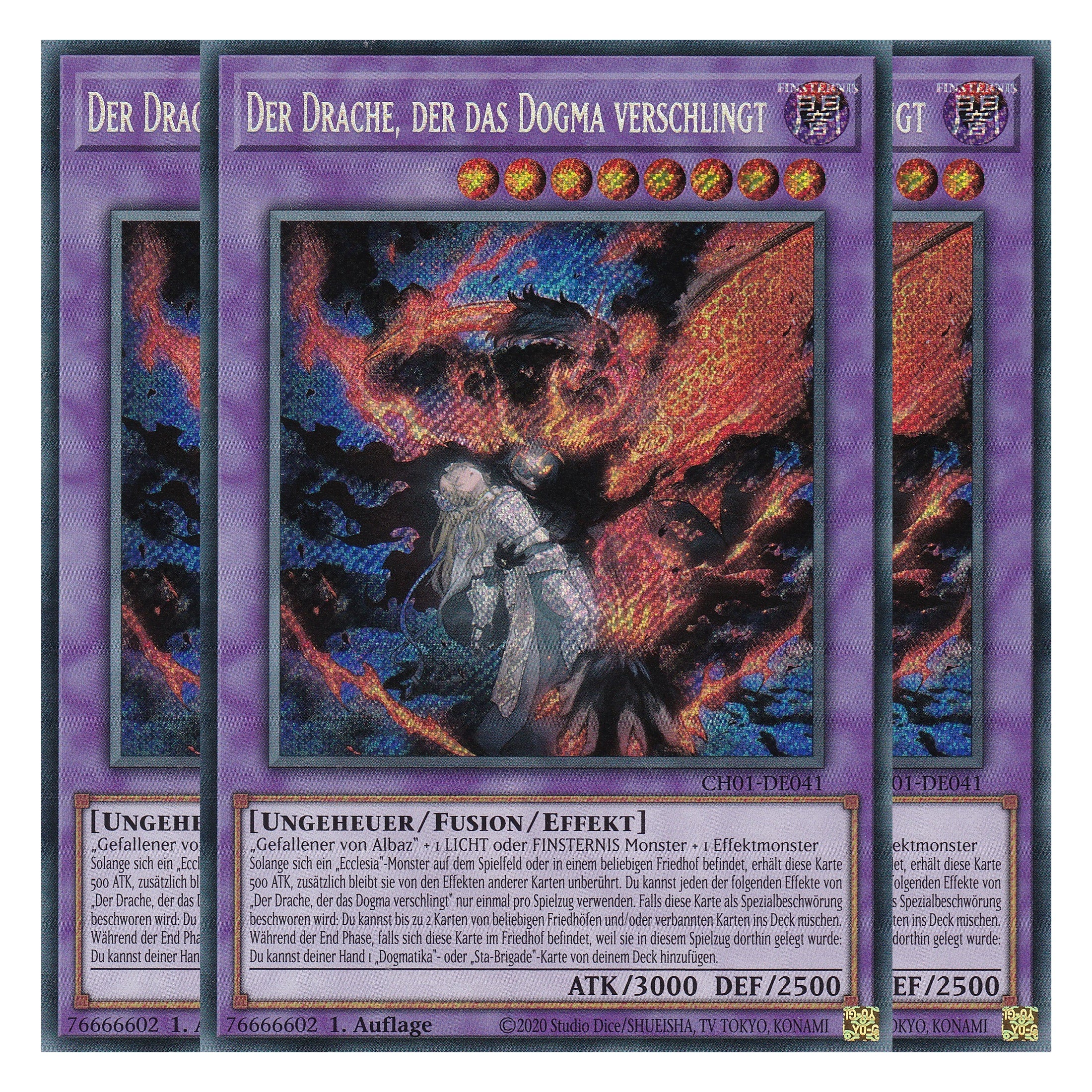 Der Drache, der das Dogma verschlingt - CH01-DE041 - Secret Rare - Deutsch - 1. Auflage - The Chronicles Deck: The Fallen & The Virtuous - Playset (3 Kopien) - Yu-Gi-Oh!