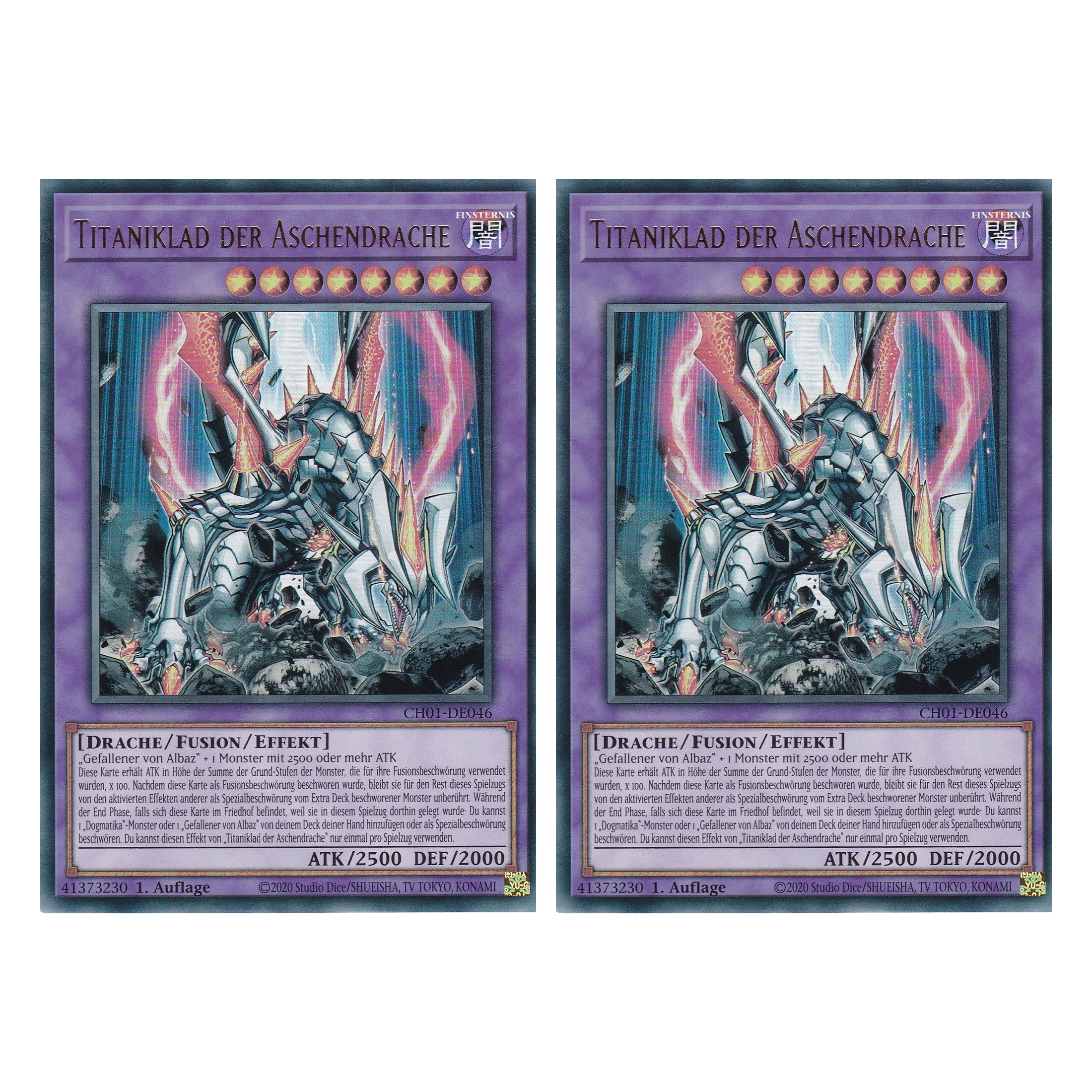 Titaniklad der Aschendrache - CH01-DE046 - Ultra Rare - Deutsch - 1. Auflage - The Chronicles Deck: The Fallen & The Virtuous - Duo Set (2 Stück) - Yugioh