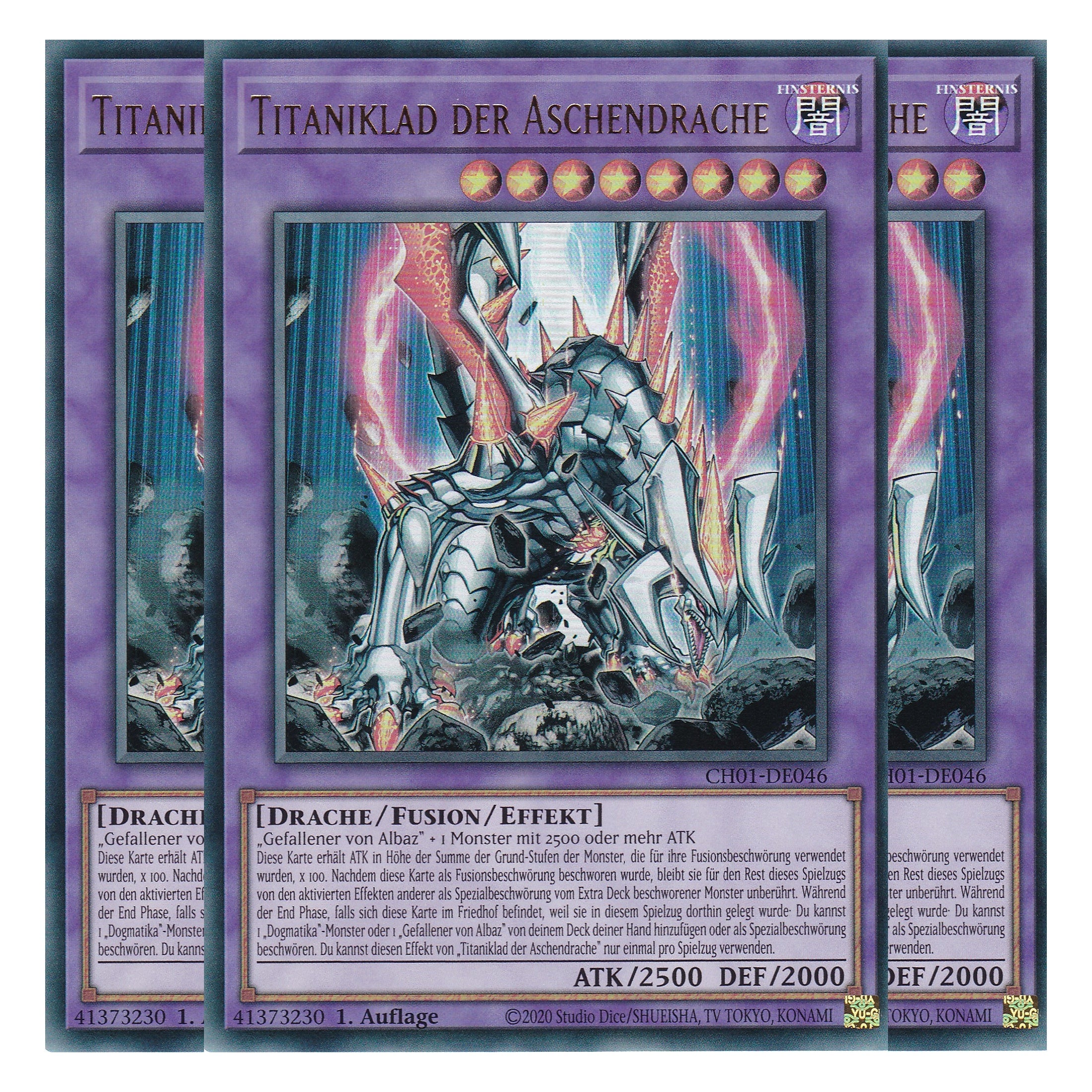 Titaniklad der Aschendrache - CH01-DE046 - Ultra Rare - Deutsch - 1. Auflage - The Chronicles Deck: The Fallen & The Virtuous - Playset (3 Kopien) - Yu-Gi-Oh!