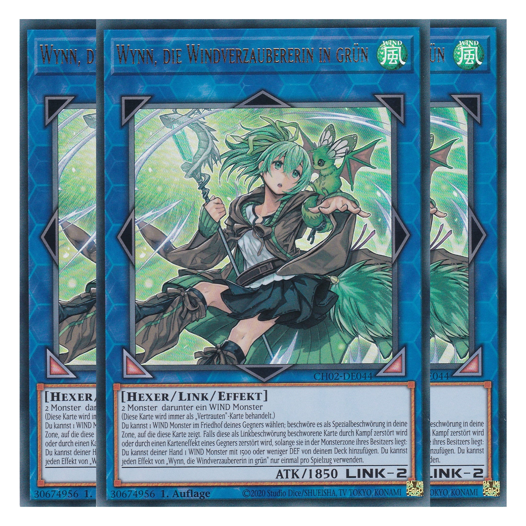 Wynn, die Windverzaubererin in grün - CH02-DE044 - Ultra Rare - Deutsch - 1. Auflage - The Chronicles Deck: Spirit Charmers - Playset (3 Kopien) - Yu-Gi-Oh!