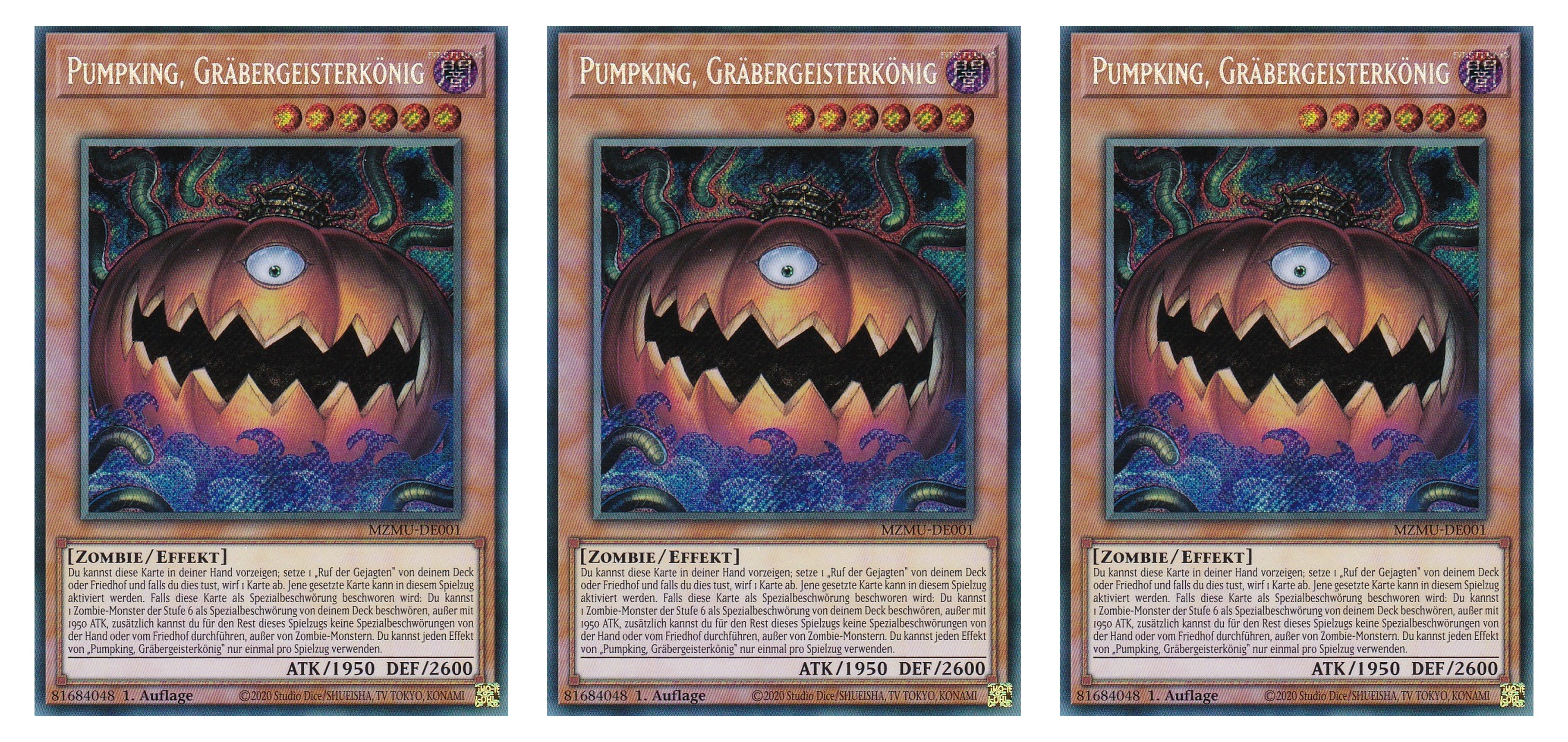 MZMU-DE001 - Pumpking, Gräbergeistkönig - Playset (3 Kopien) - Secret Rare - Deutsch - 1. Auflage - Maze of Muertos - Yugioh - mit LMS Fieldcenter-Karte