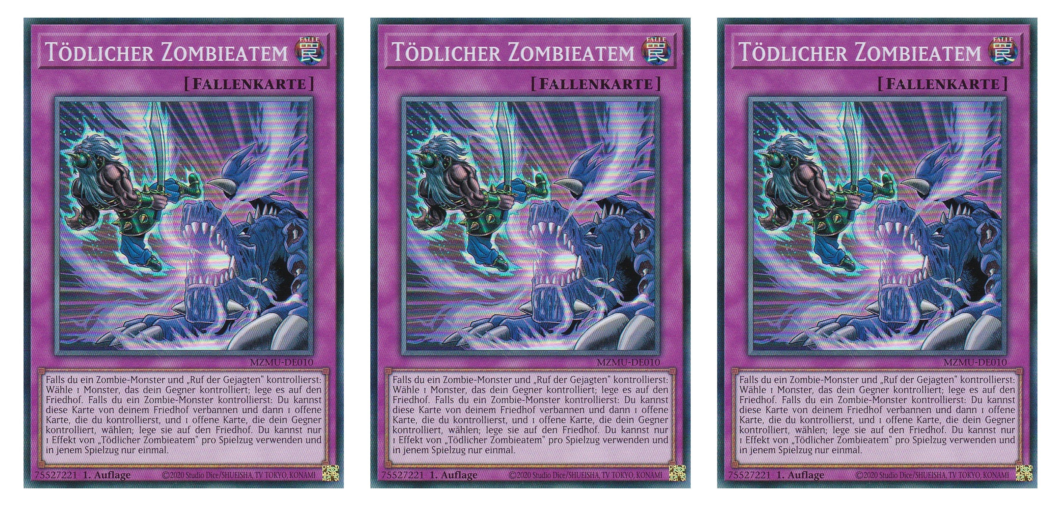 MZMU-DE010 - Tödlicher Zombiiatem - Playset (3 Kopien) - Super Rare - Deutsch - 1. Auflage - Maze of Muertos - Yugioh - mit LMS Fieldcenter-Karte