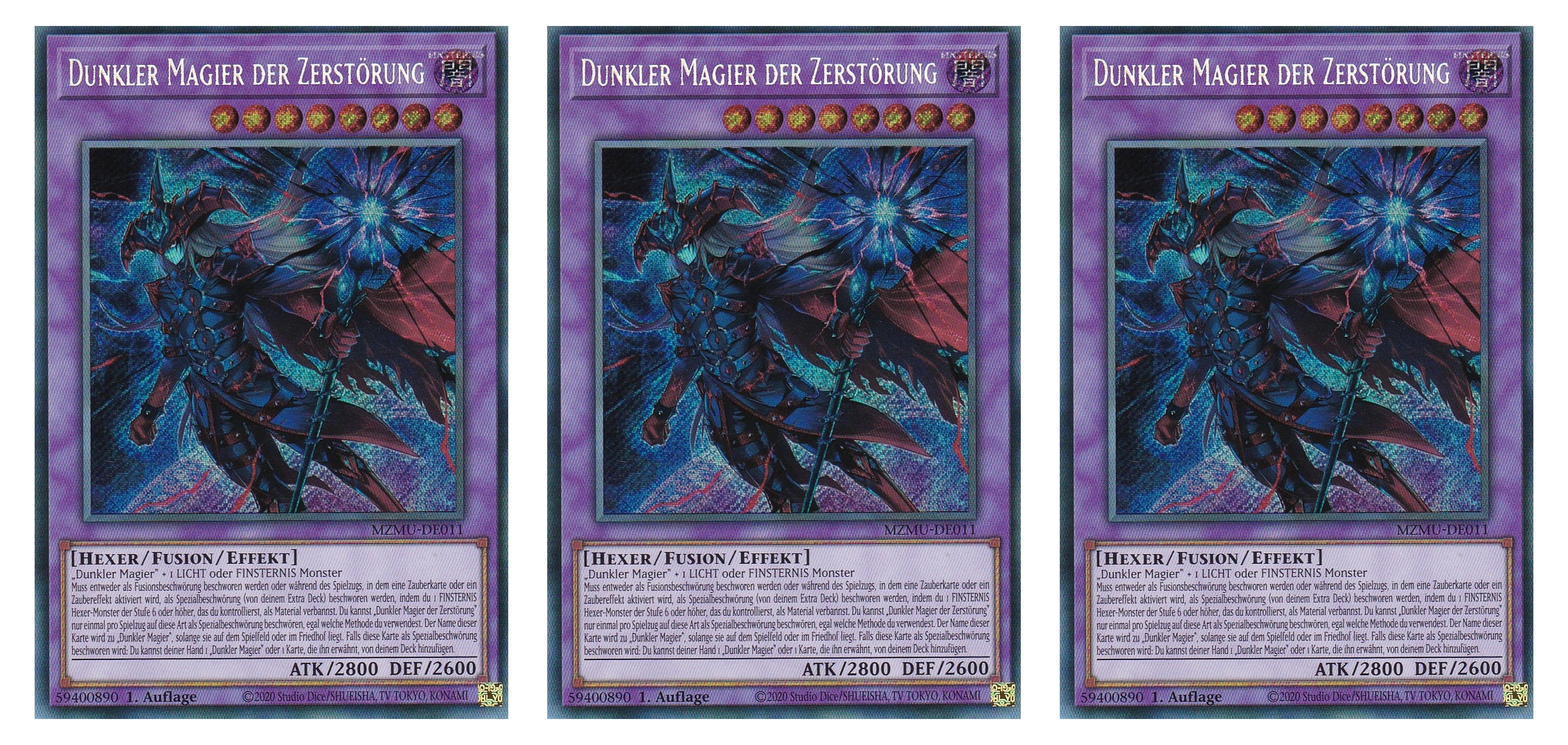 MZMU-DE011 - Dunkler Magier der Zerstörung - Playset (3 Kopien) - Secret Rare - Deutsch - 1. Auflage - Maze of Muertos - Yugioh - mit LMS Fieldcenter-Karte