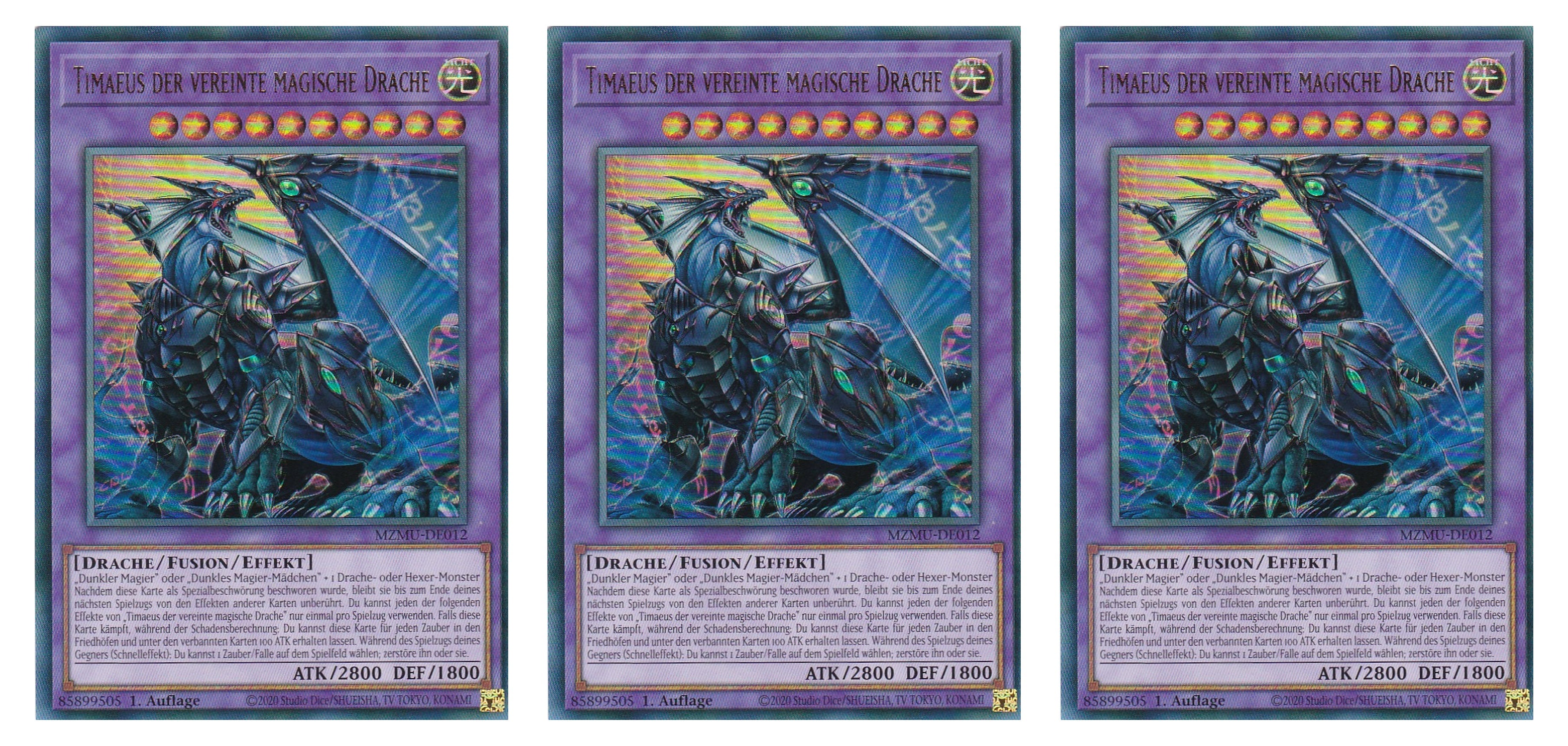 MZMU-DE012 - Timaeus der Vereinte Magische Drache - Playset (3 Kopien) - Ultra Rare - Deutsch - 1. Auflage - Maze of Muertos - Yugioh - mit LMS Fieldcenter-Karte