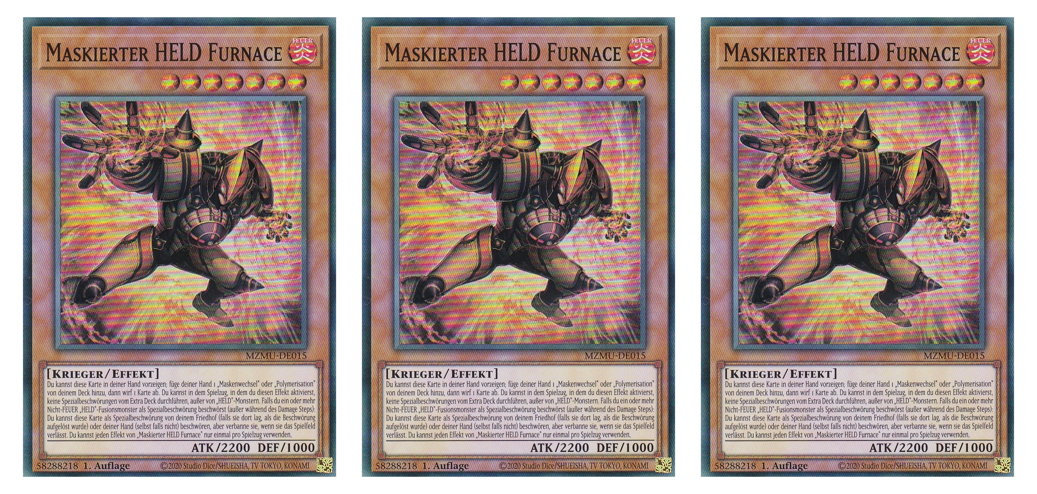 MZMU-DE015 - Maskierter Held Furnace - Playset (3 Kopien) - Super Rare - Deutsch - 1. Auflage - Maze of Muertos - Yugioh - mit LMS Fieldcenter-Karte