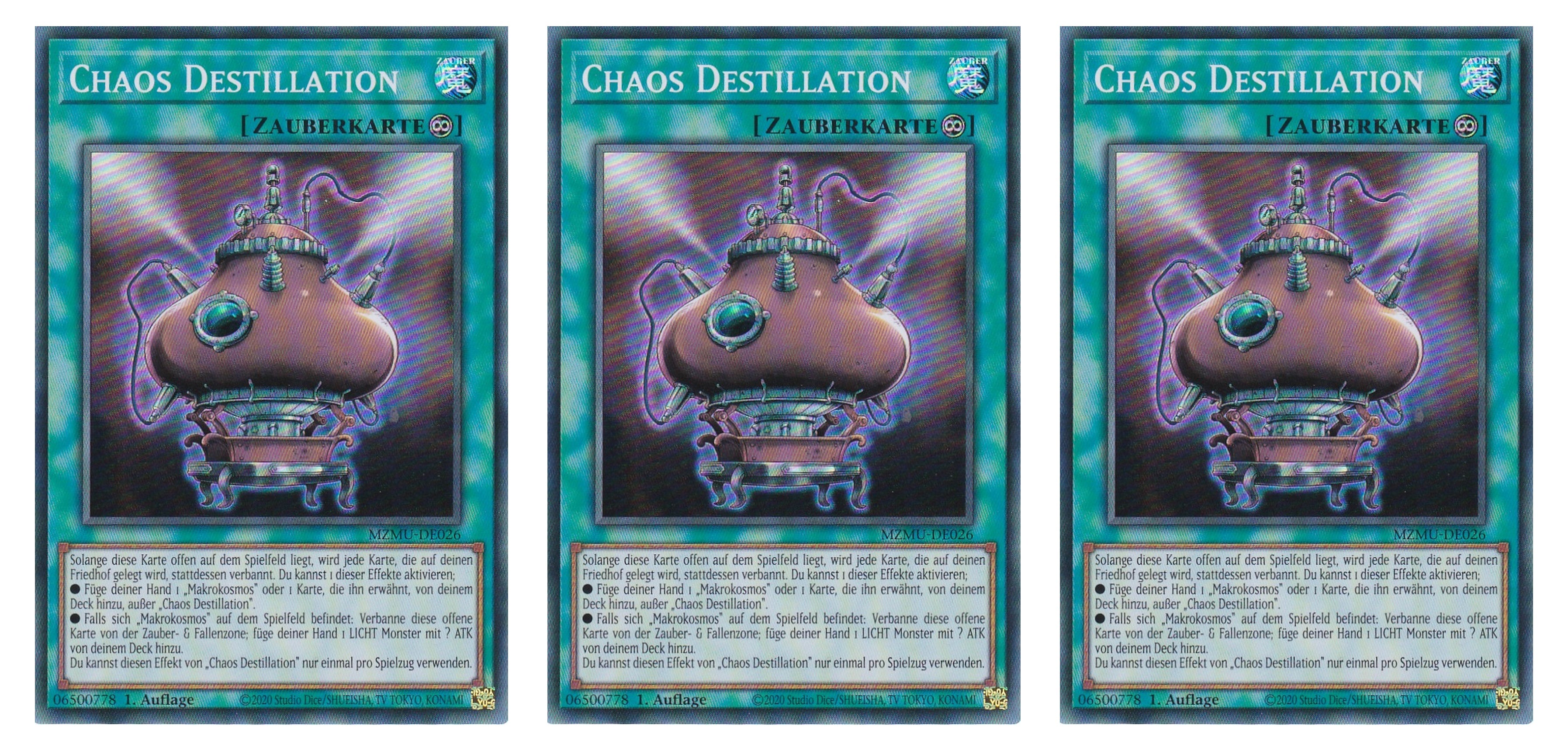 MZMU-DE026 - Chaos Destillation - Playset (3 Kopien) - Super Rare - Deutsch - 1. Auflage - Maze of Muertos - Yugioh - mit LMS Fieldcenter-Karte