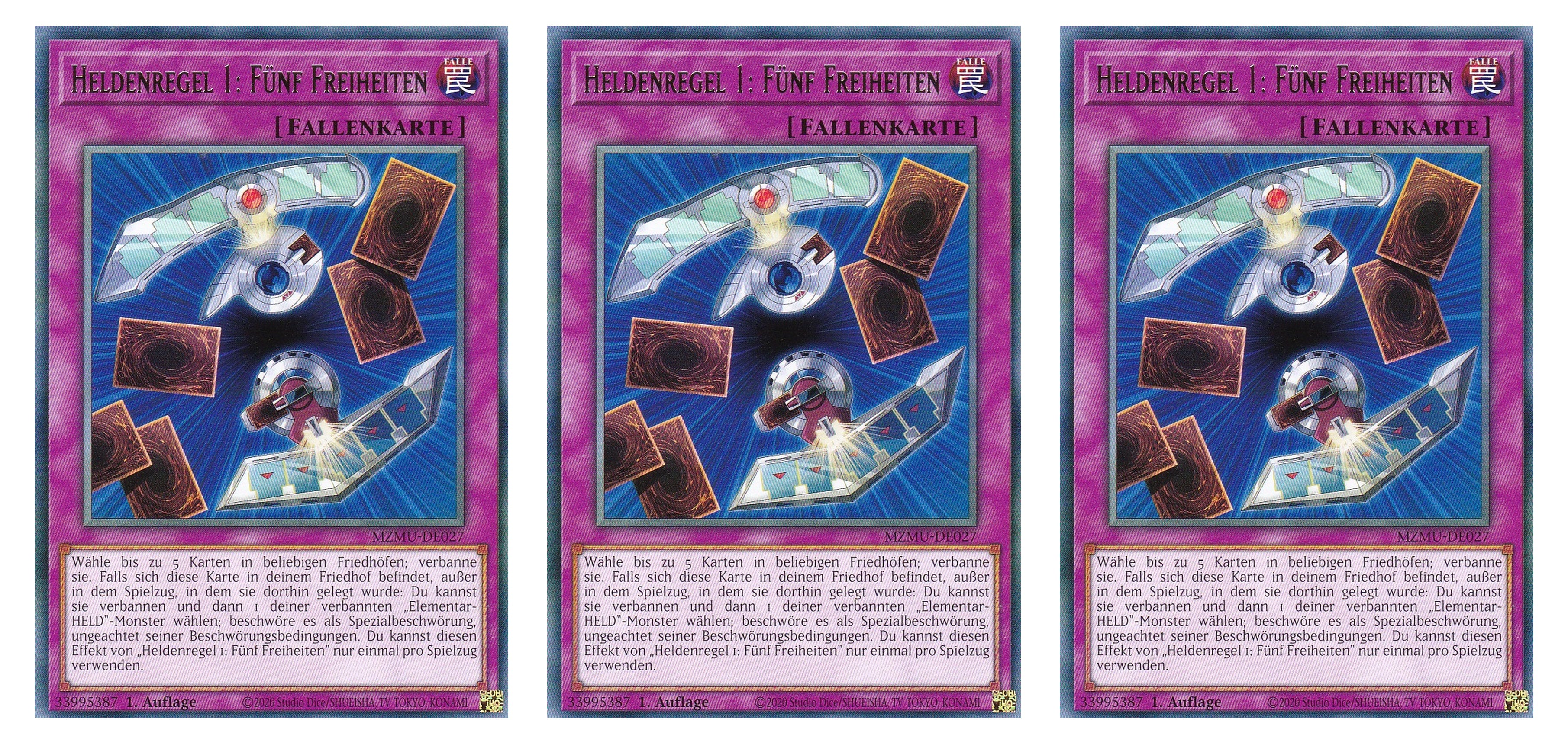 MZMU-DE027 - Heldenregel 1: Fünf Freiheiten - Playset (3 Kopien) - Rare - Deutsch - 1. Auflage - Maze of Muertos - Yugioh - mit LMS Fieldcenter-Karte