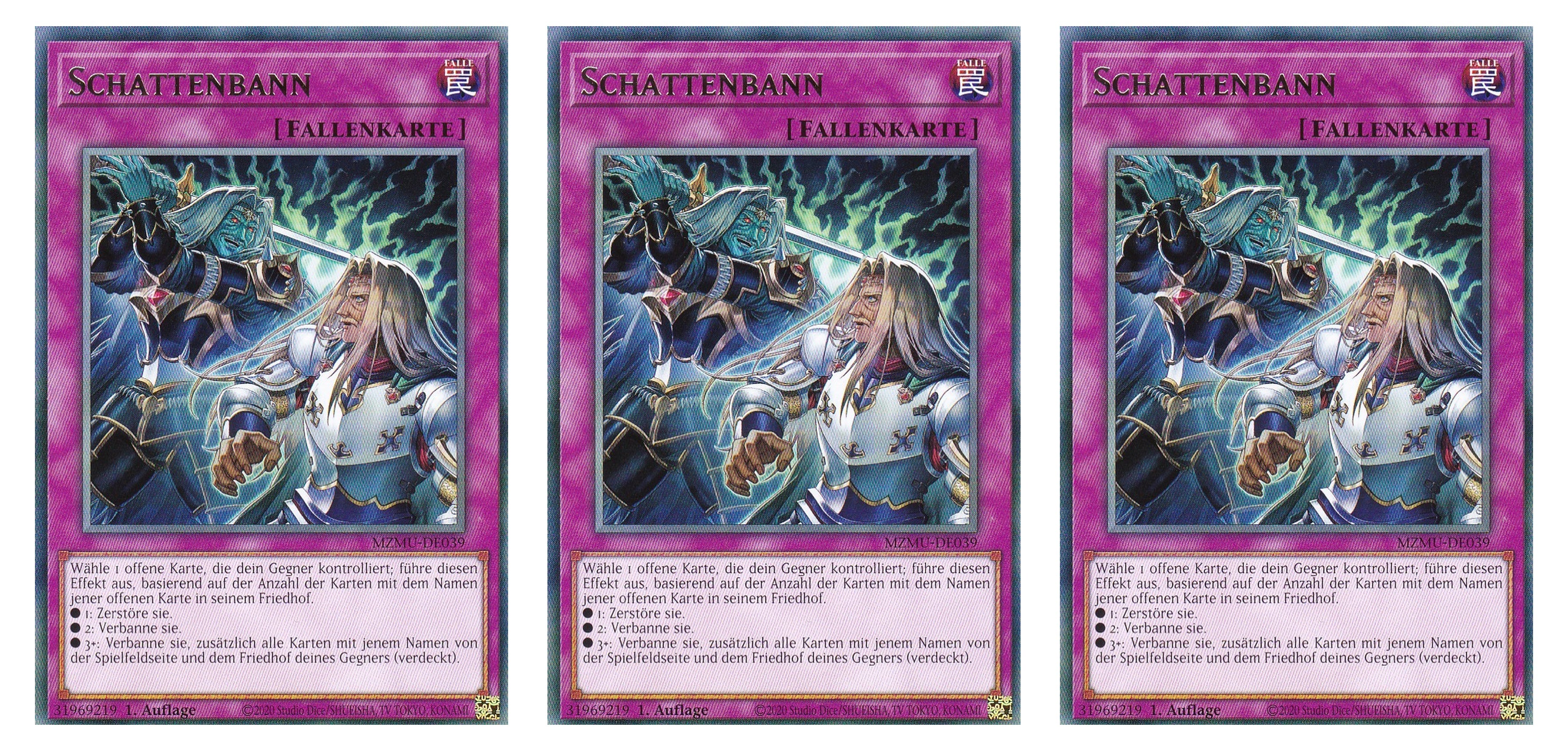 MZMU-DE039 - Schattenbann - Playset (3 Kopien) - Rare - Deutsch - 1. Auflage - Maze of Muertos - Yugioh - mit LMS Fieldcenter-Karte