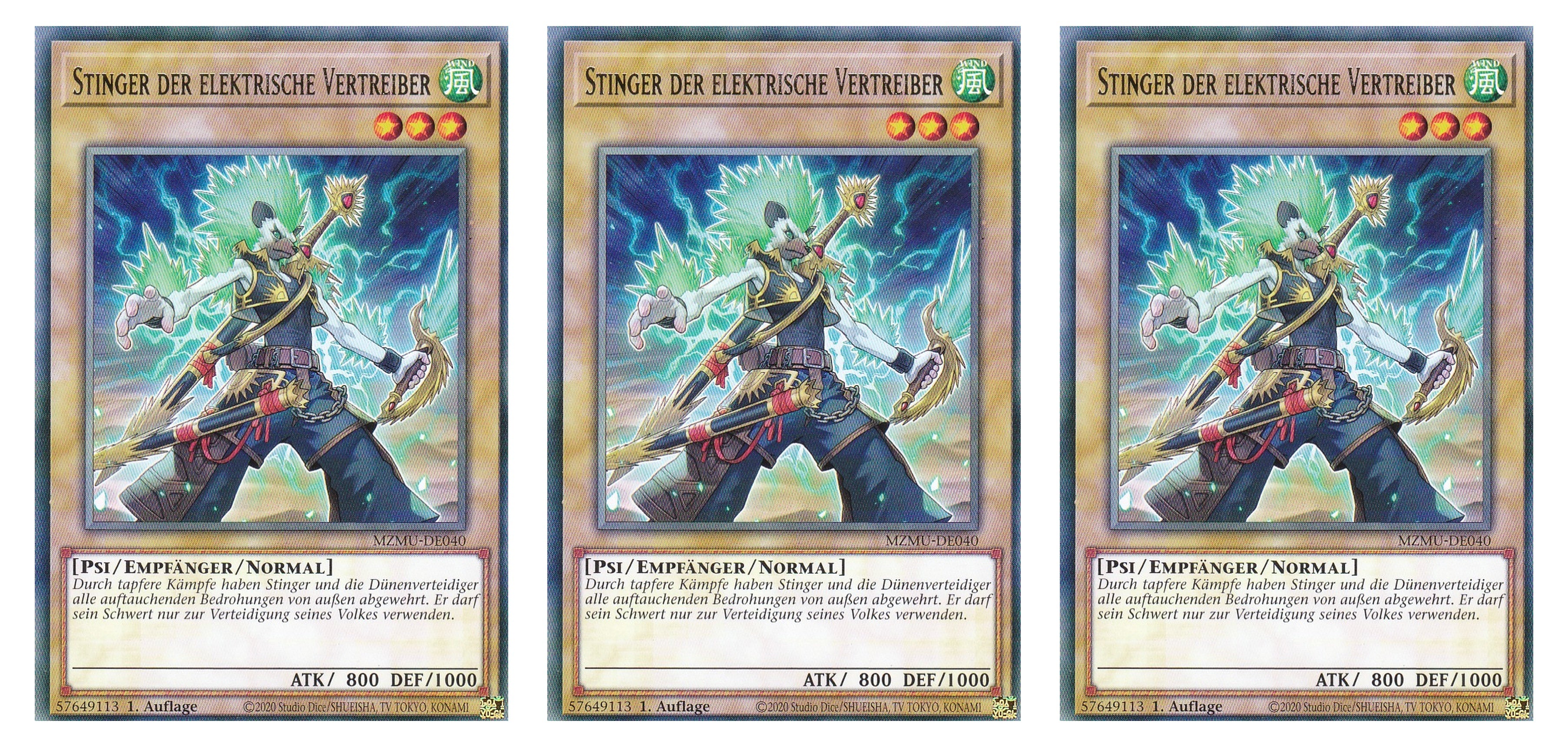 MZMU-DE040 - Stinger der Elektrische Vertreiber - Playset (3 Kopien) - Rare - Deutsch - 1. Auflage - Maze of Muertos - Yugioh - mit LMS Fieldcenter-Karte