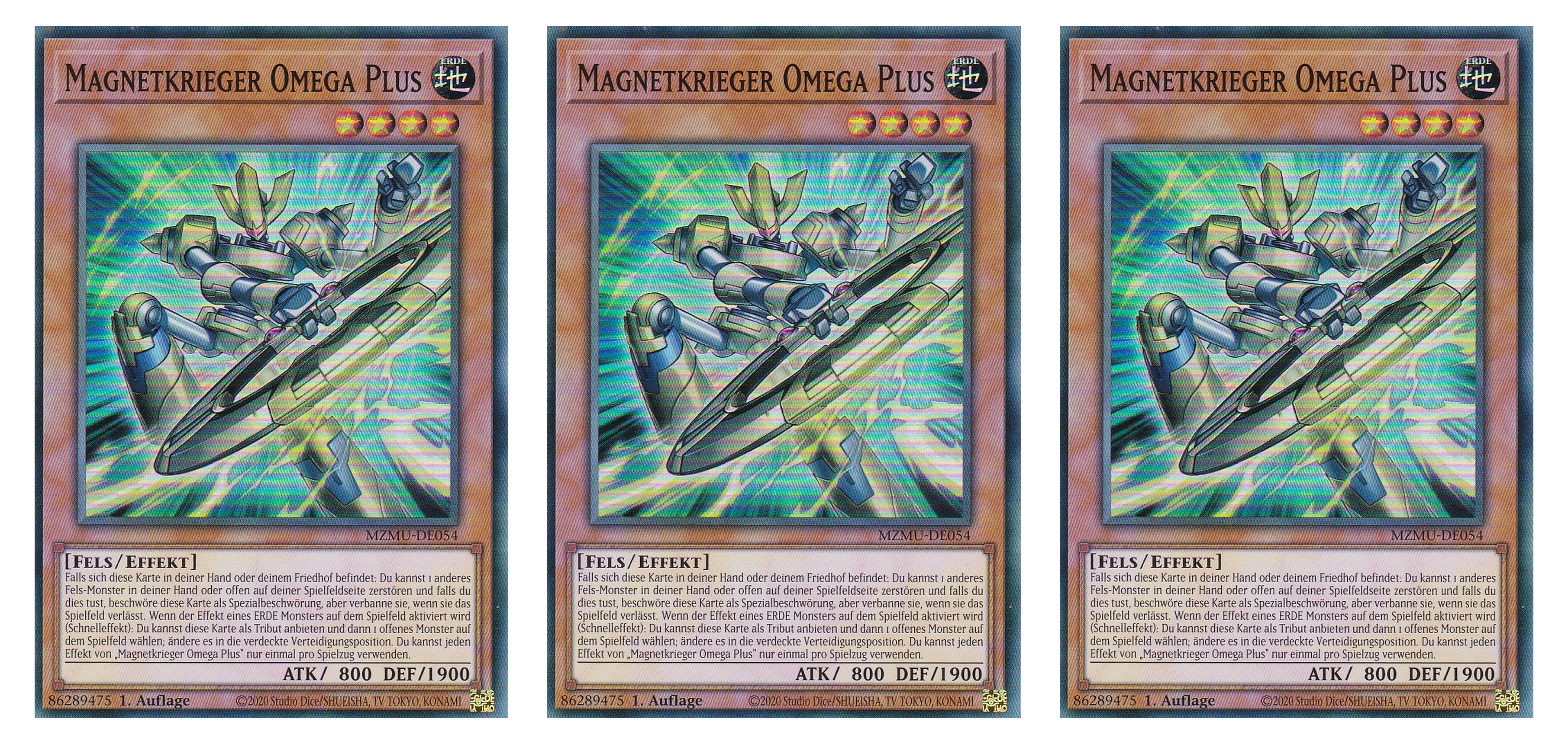 MZMU-DE054 - Magnetkrieger Omega Plus - Playset (3 Kopien) - Super Rare - Deutsch - 1. Auflage - Maze of Muertos - Yugioh - mit LMS Fieldcenter-Karte