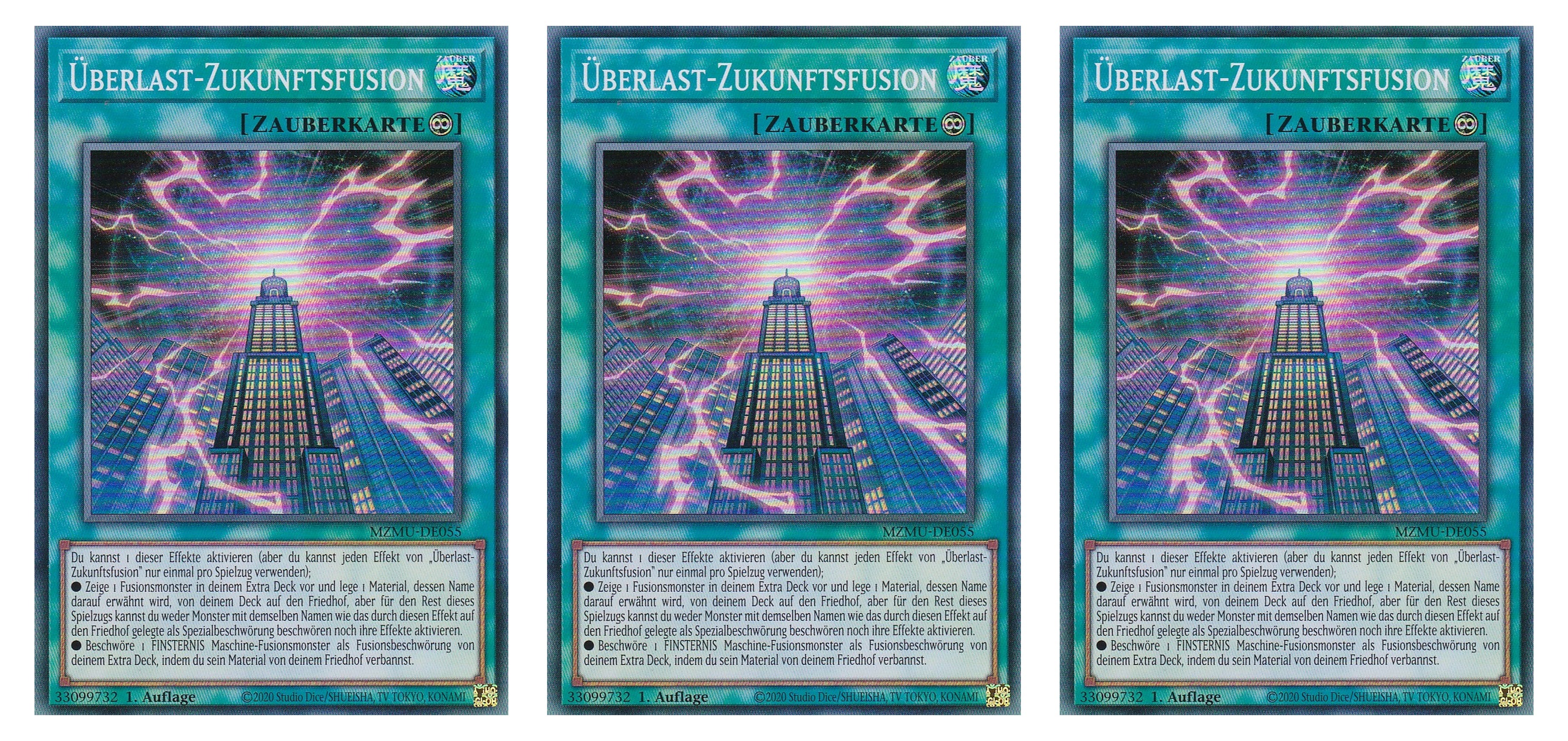 MZMU-DE055 - Überlast-Zukunftsfusion - Playset (3 Kopien) - Rare - Deutsch - 1. Auflage - Maze of Muertos - Yugioh - mit LMS Fieldcenter-Karte