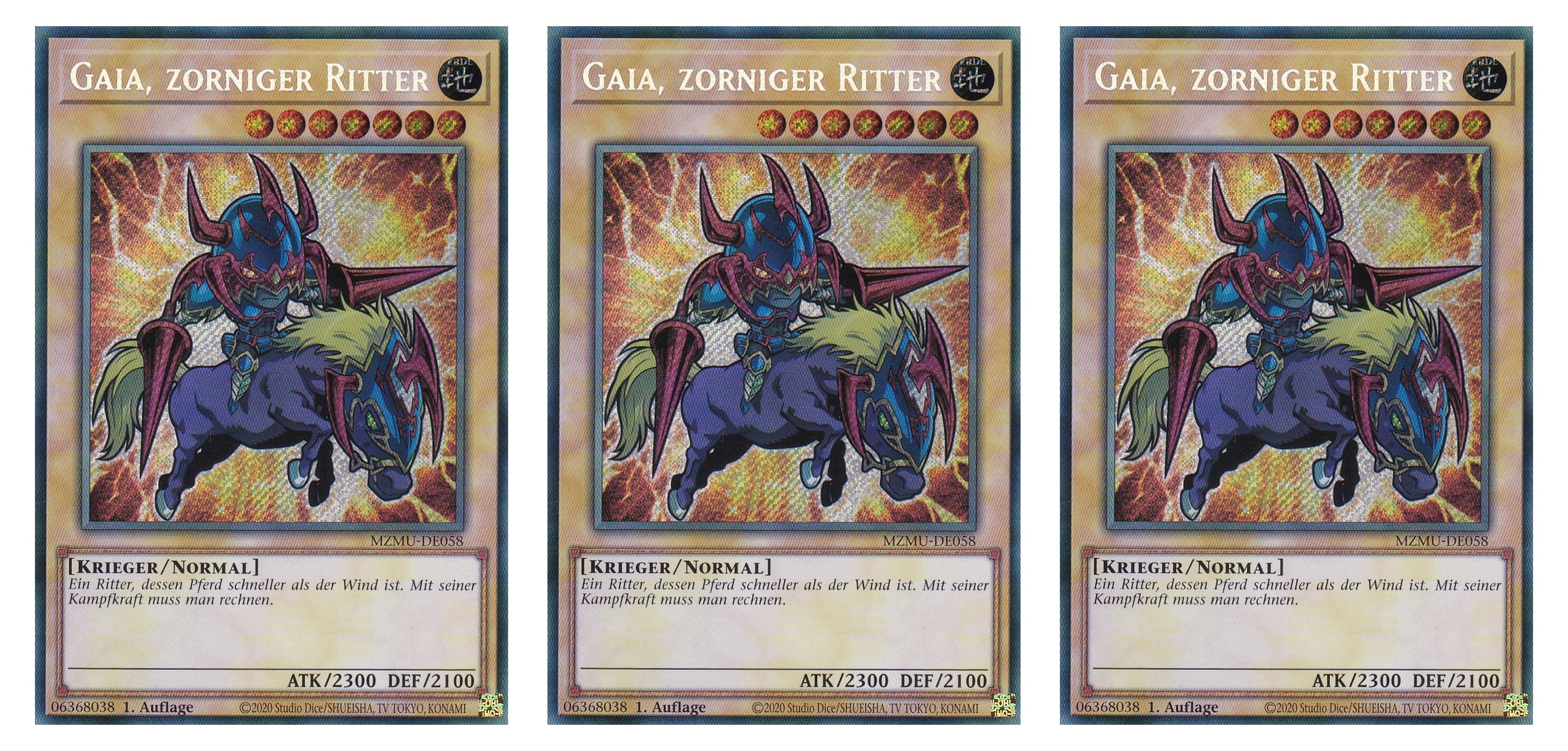 MZMU-DE058 - Gaia, Zorninger Ritter - Playset (3 Kopien) - Secret Rare - Deutsch - 1. Auflage - Maze of Muertos - Yugioh - mit LMS Fieldcenter-Karte