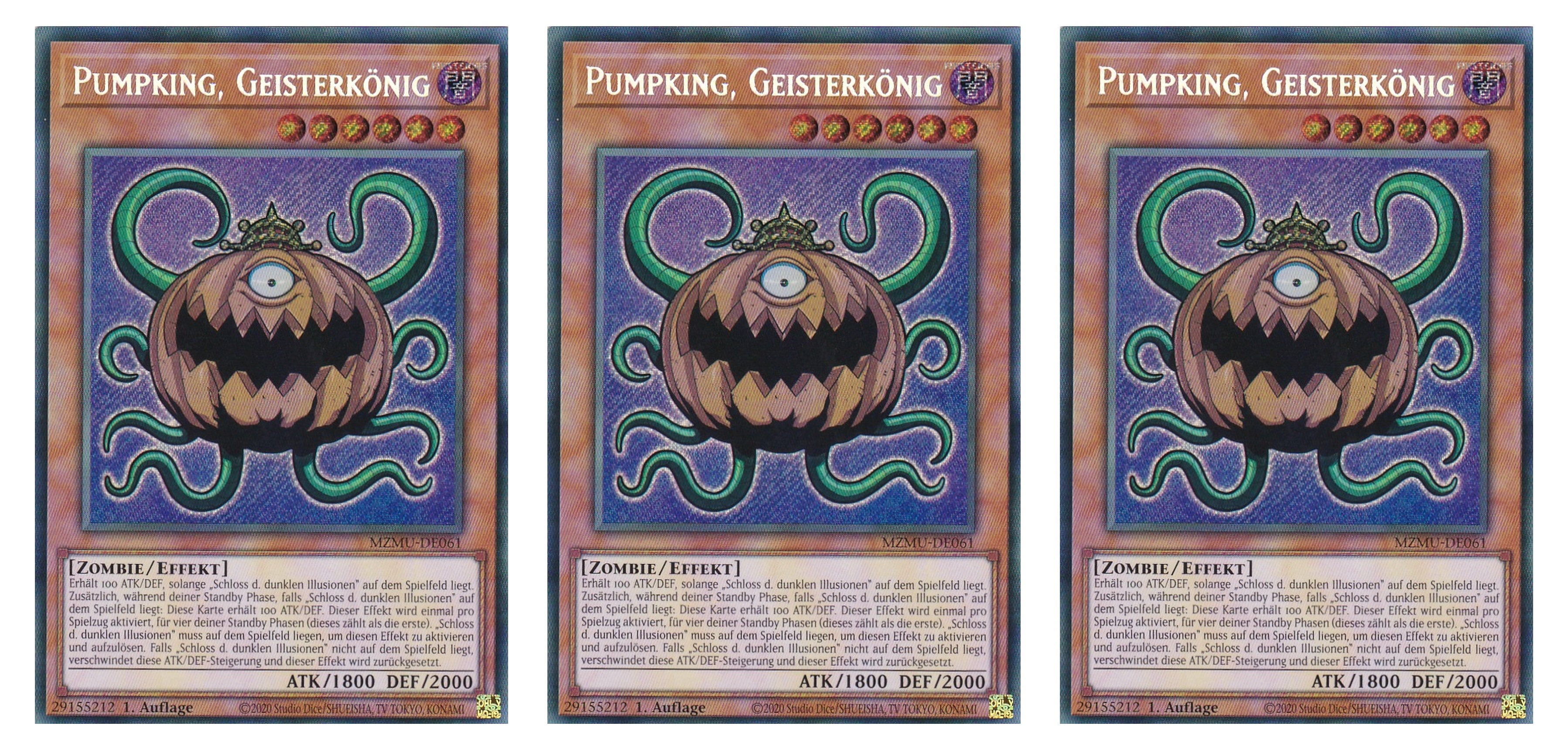 MZMU-DE061 - Pumpking, Geisterkönig - Playset (3 Kopien) - Secret Rare - Deutsch - 1. Auflage - Maze of Muertos - Yugioh - mit LMS Fieldcenter-Karte