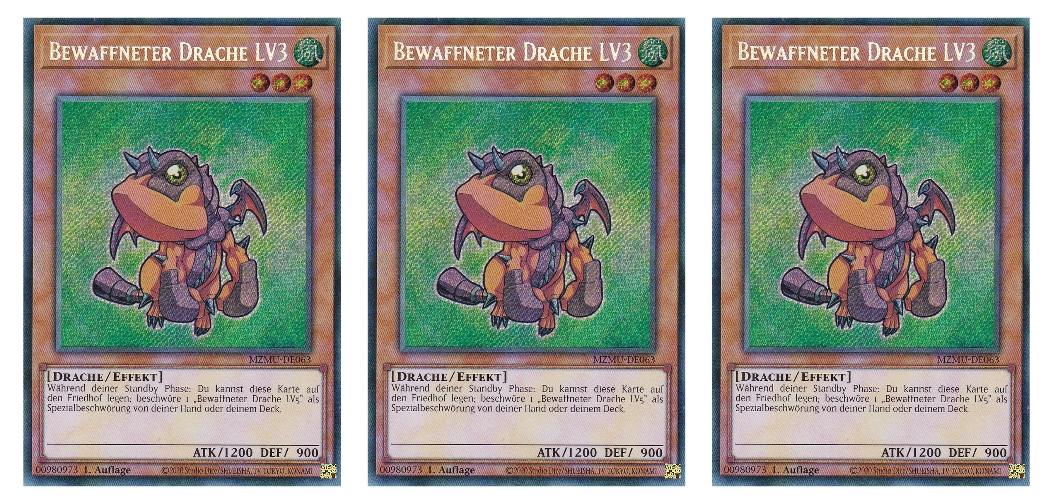MZMU-DE063 - Bewaffneter Drache LV3 - Playset (3 Kopien) - Secret Rare - Deutsch - 1. Auflage - Maze of Muertos - Yugioh - mit LMS Fieldcenter-Karte