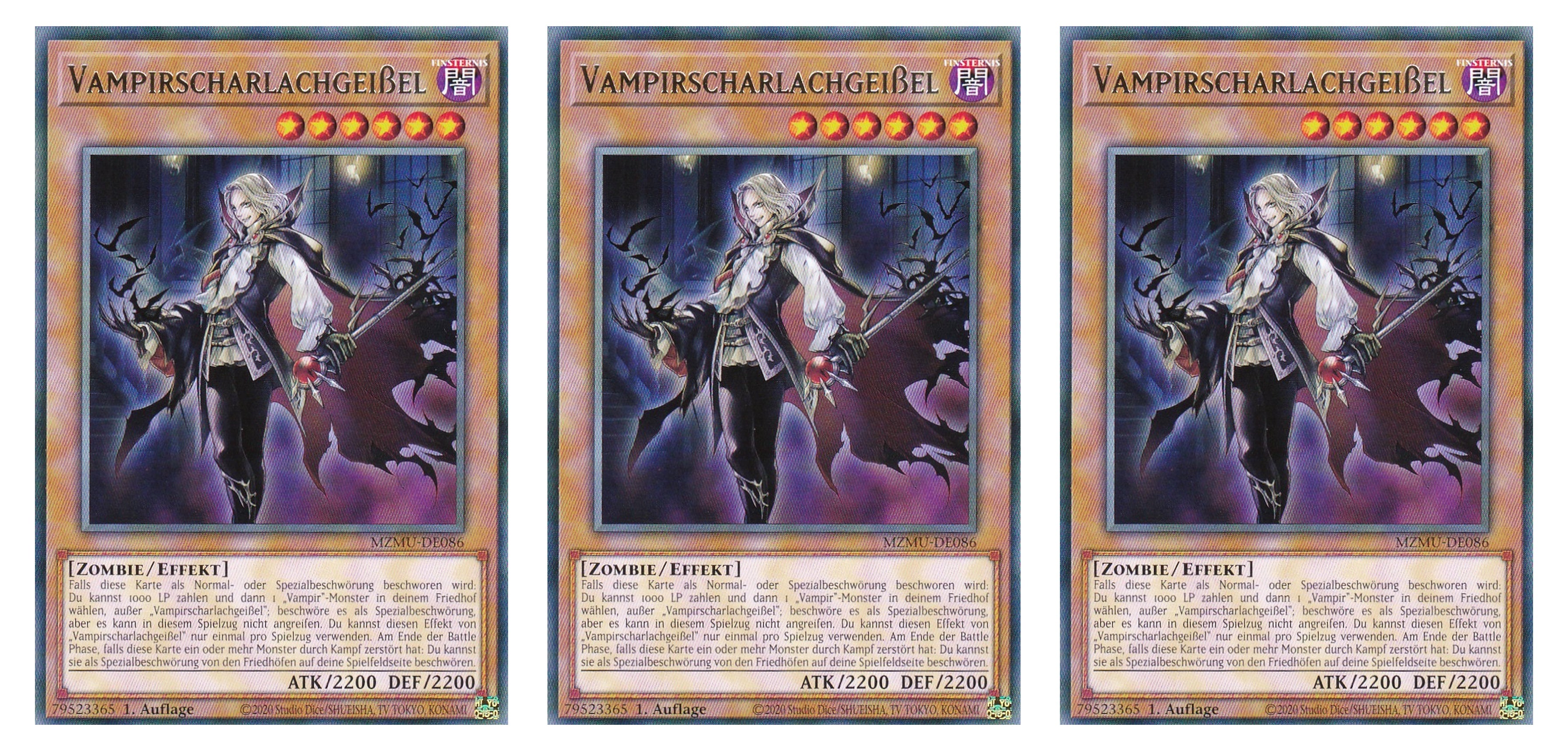 MZMU-DE086 - Vampirscharlachgeißel - Playset (3 Kopien) - Rare - Deutsch - 1. Auflage - Maze of Muertos - Yugioh - mit LMS Fieldcenter-Karte