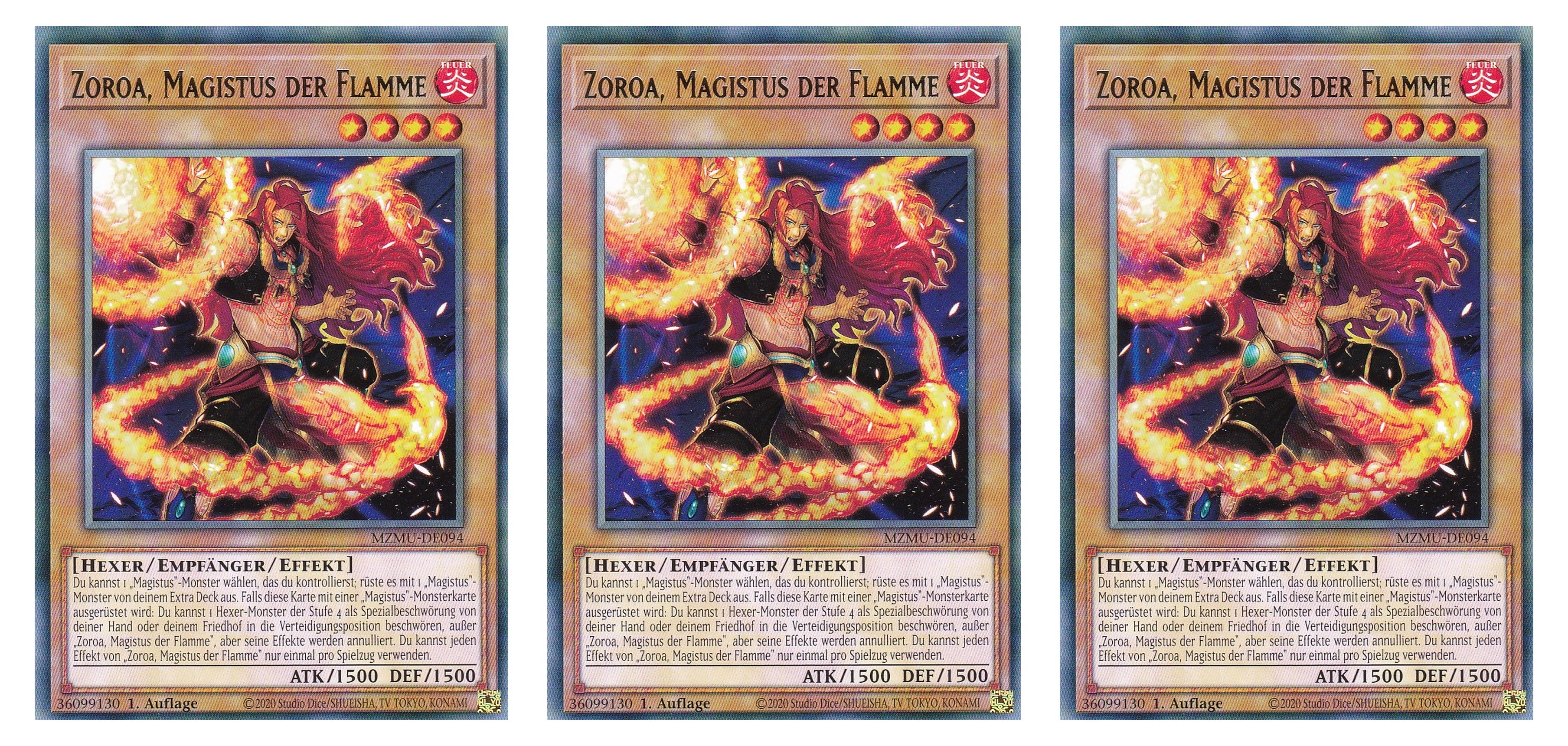 MZMU-DE094 - Zoroa, Magistus der Flamme - Playset (3 Kopien) - Rare - Deutsch - 1. Auflage - Maze of Muertos - Yugioh - mit LMS Fieldcenter-Karte