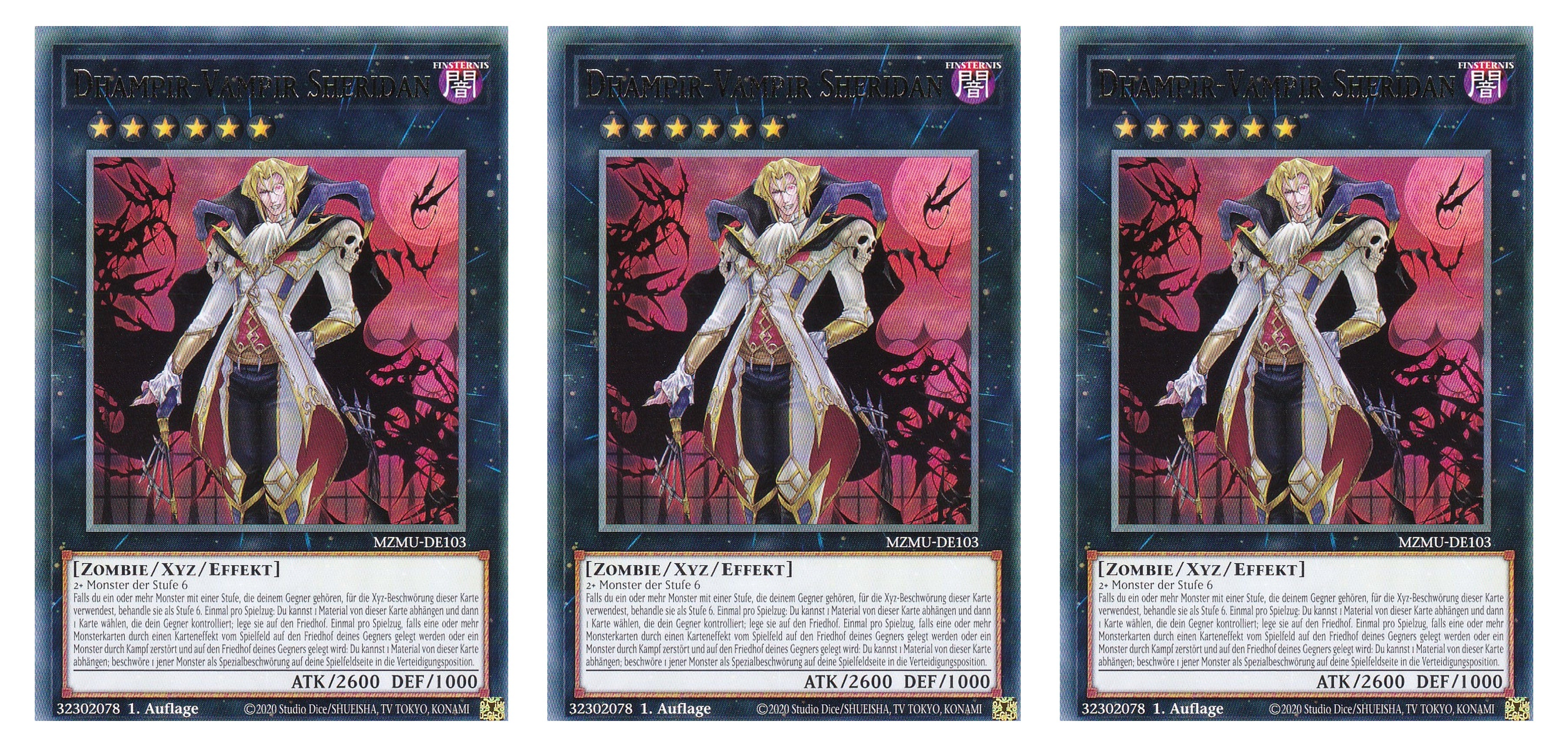 MZMU-DE103 - Dhampir-Vampir Sheridan - Playset (3 Kopien) - Rare - Deutsch - 1. Auflage - Maze of Muertos - Yugioh - mit LMS Fieldcenter-Karte