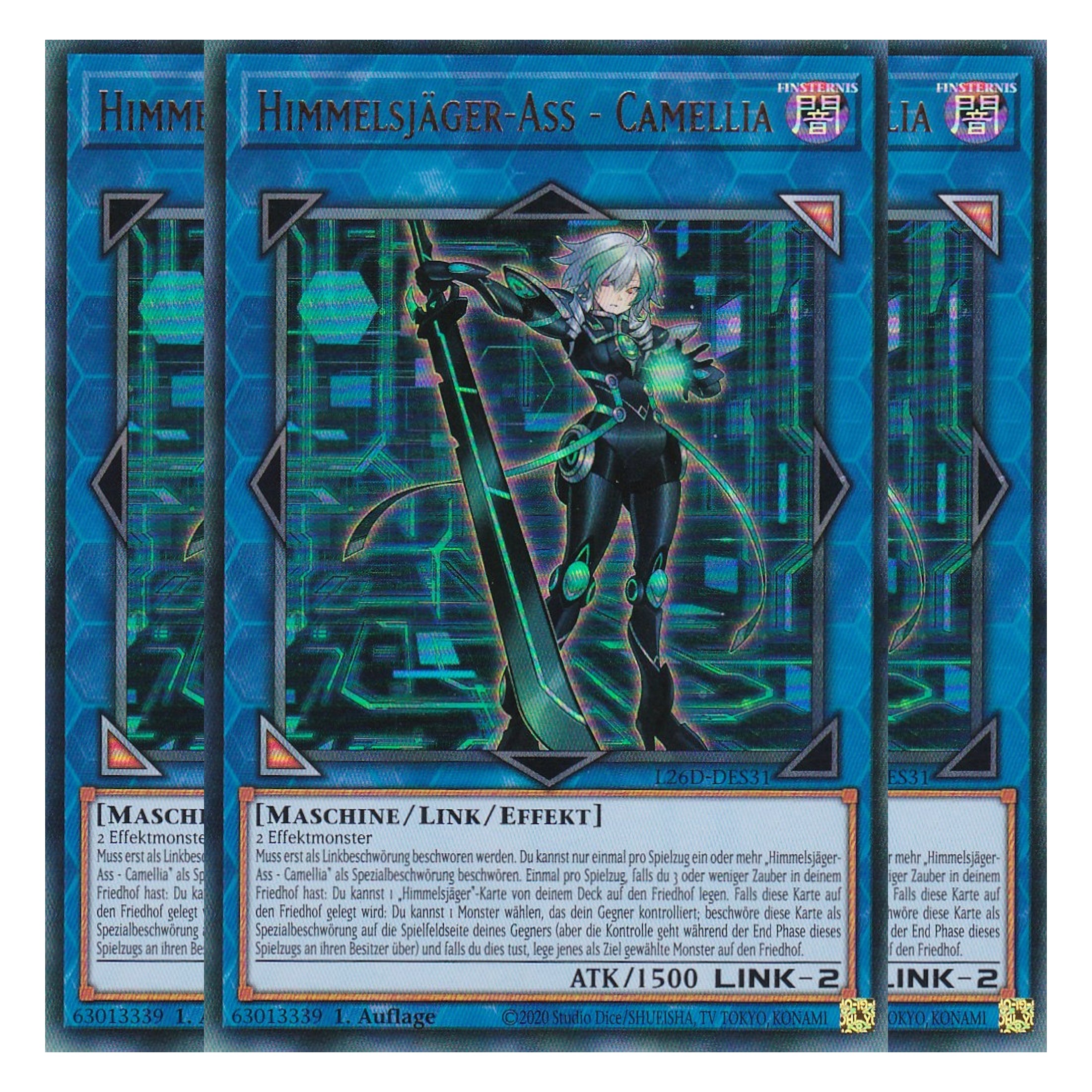 L26D-DES31 - Himmelsjäger-Ass - Camellia - Ultra Rare - Deutsch - 1. Auflage - Legendary Modern Decks 2026 - Playset (3 Kopien) - Yu-Gi-Oh! - mit LMS Trading Fieldcenter Karte