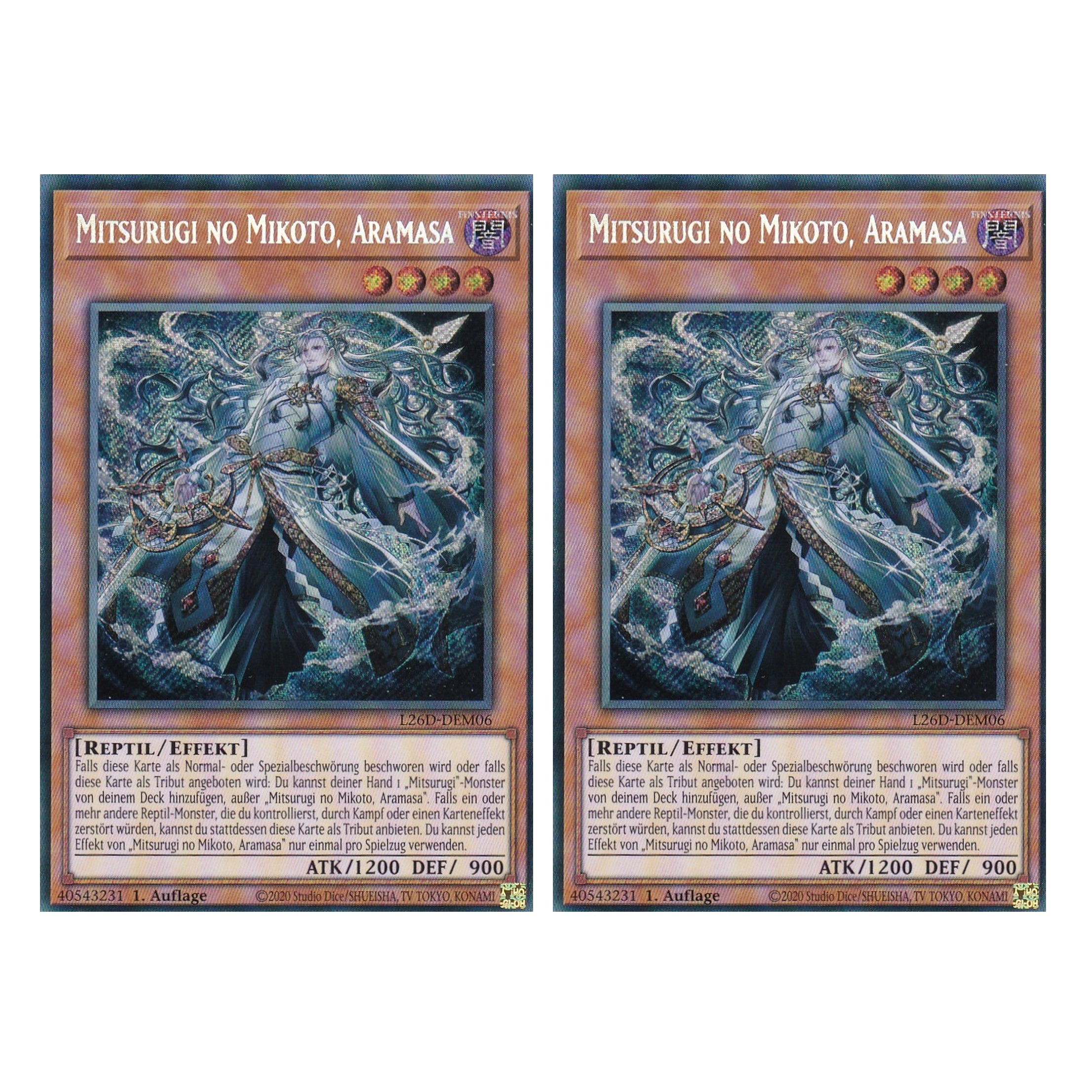 L26D-DEM06 - Mitsurugi no Mikoto, Aramasa - Secret Rare - Deutsch - 1. Auflage - Legendary Modern Decks 2026 - Duo Set (2 Stück) - Yu-Gi-Oh! - mit LMS Trading Fieldcenter Karte