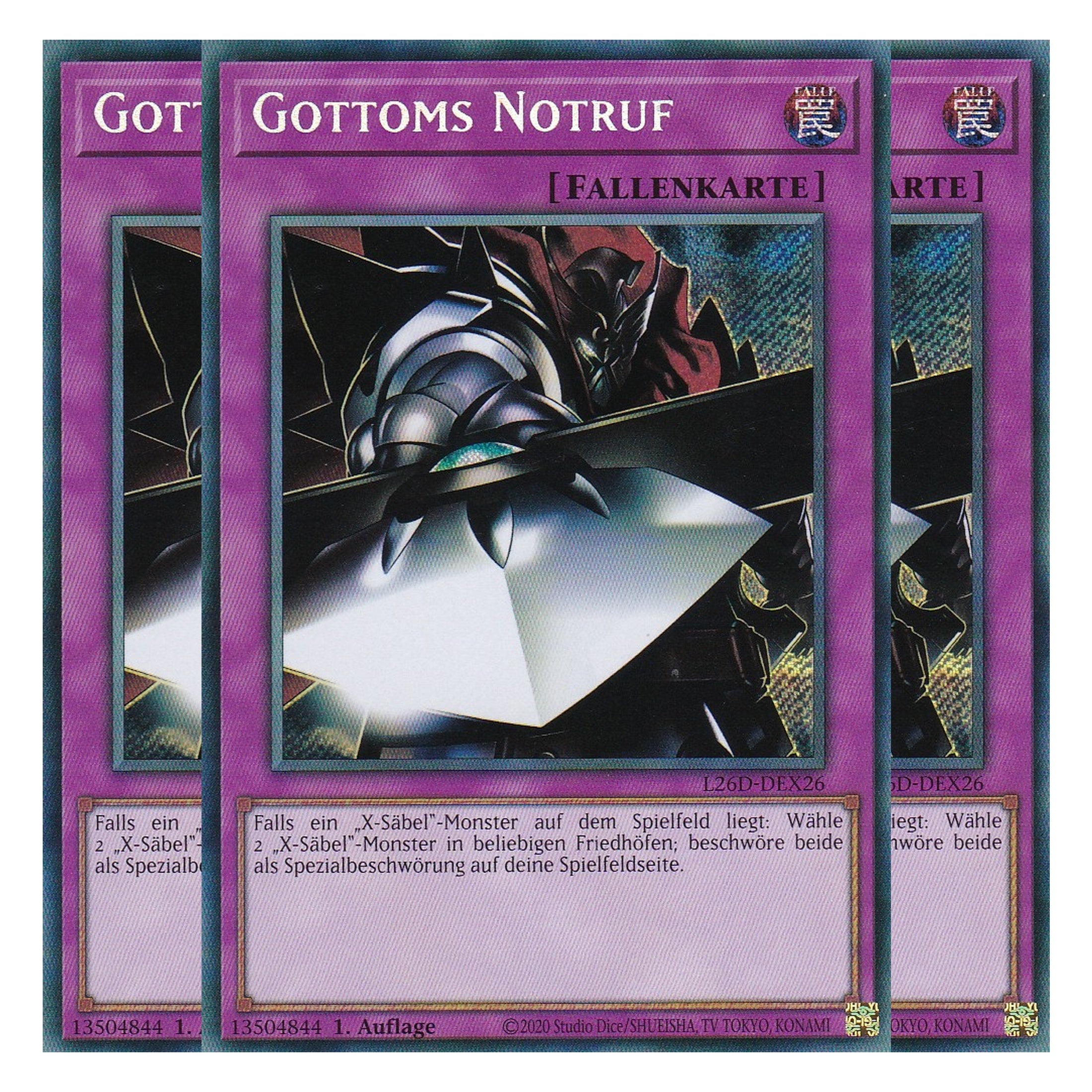L26D-DEX26 - Gottoms Notruf - Secret Rare - Deutsch - 1. Auflage - Legendary Modern Decks 2026 - Playset (3 Kopien) - Yu-Gi-Oh! - mit LMS Trading Fieldcenter Karte