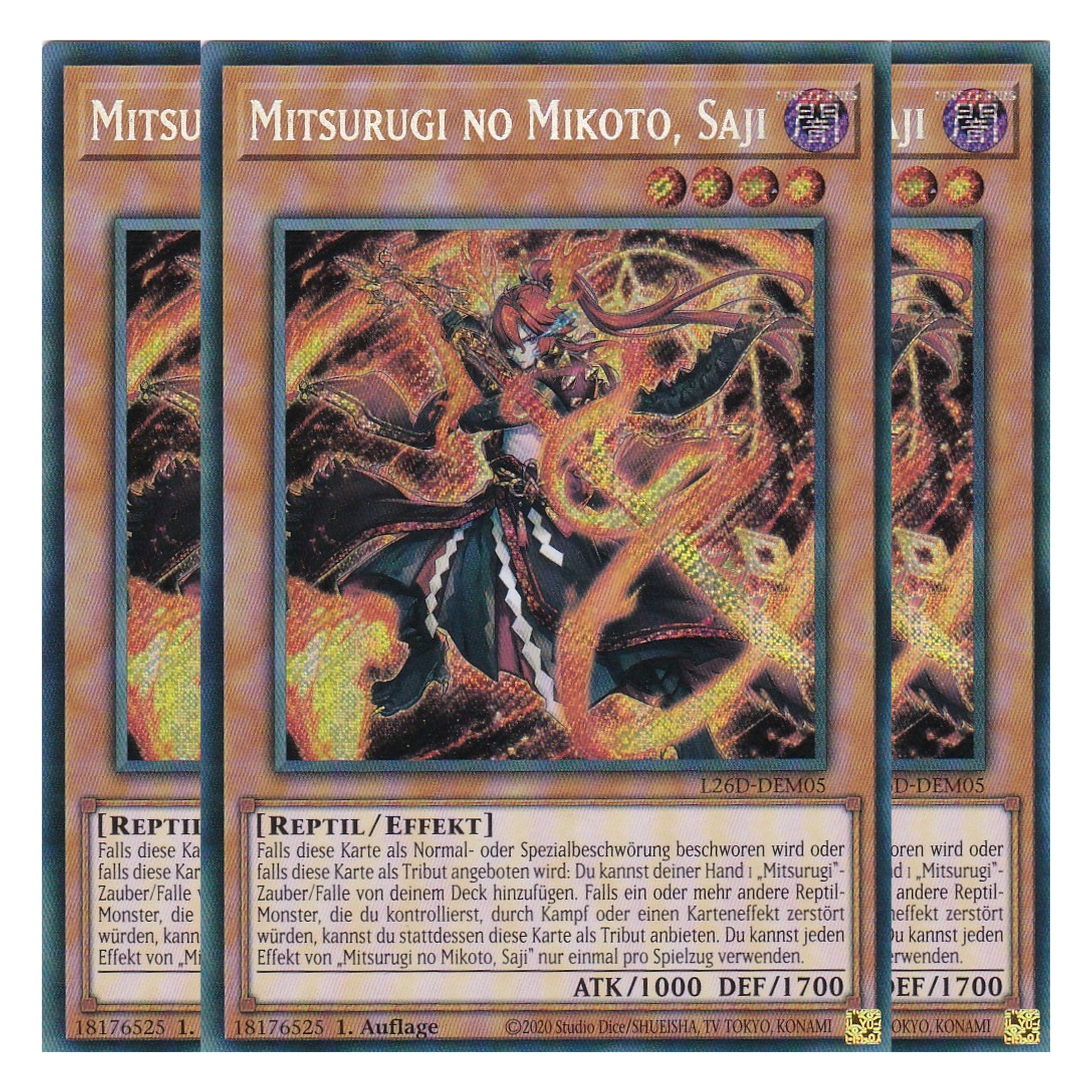 L26D-DEM05 - Mitsurugi no Mikoto, Saji - Secret Rare - Deutsch - 1. Auflage - Legendary Modern Decks 2026 - Playset (3 Kopien) - Yu-Gi-Oh! - mit LMS Trading Fieldcenter Karte