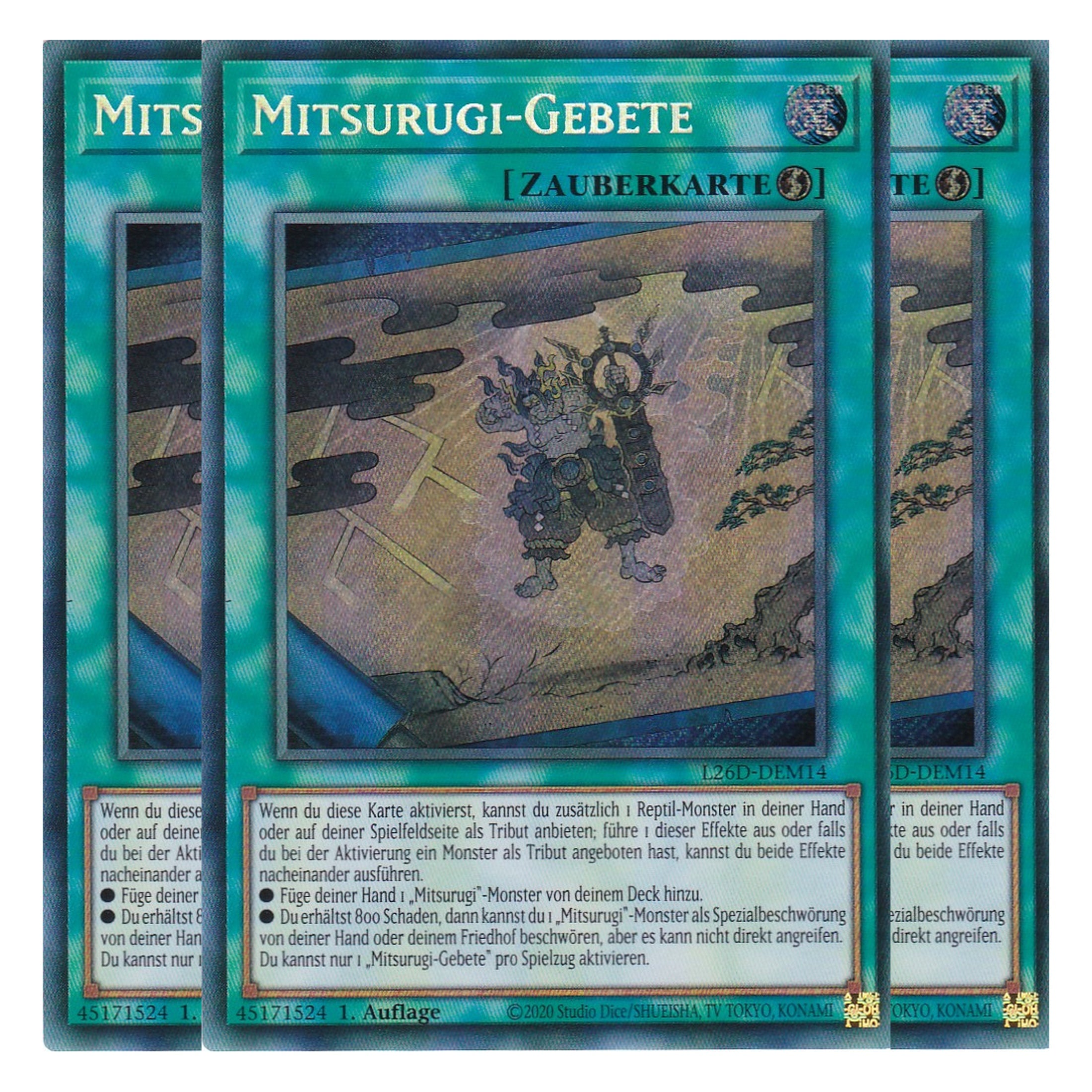 L26D-DEM14 - Mitsurugi-Gebete - Secret Rare - Deutsch - 1. Auflage - Legendary Modern Decks 2026 - Playset (3 Kopien) - Yu-Gi-Oh! - mit LMS Trading Fieldcenter Karte