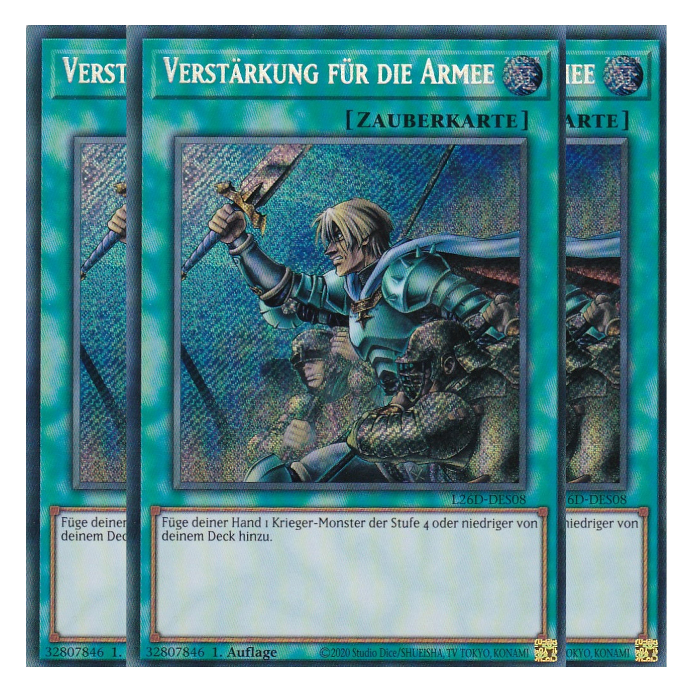 L26D-DES08 - Verstärkung für die Armee - Secret Rare - Deutsch - 1. Auflage - Legendary Modern Decks 2026 - Playset (3 Kopien) - Yu-Gi-Oh! - mit LMS Trading Fieldcenter Karte