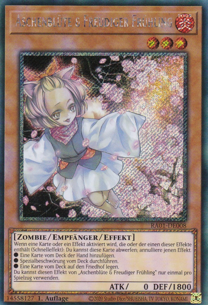 Aschenblüte & Freudiger Frühling - RA01-DE008 - Platinum Secret Rare - 1. Auflage - Deutsch - Einzelkarten aus: 25th Anniversary Rarity Collection